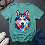 Siberian Husky Graphic Pop Art Shirt — Vibrant Neon Wolf Head Tee