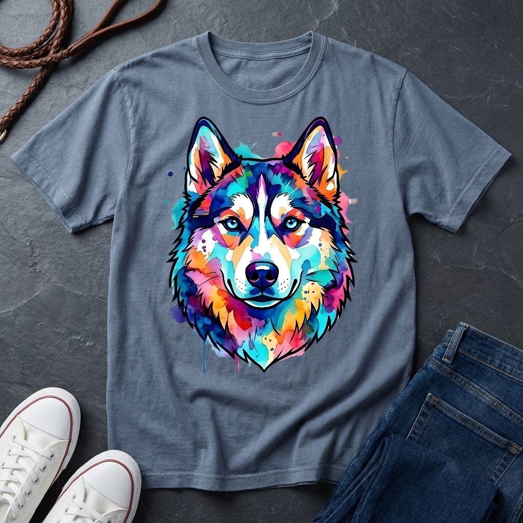 Siberian Husky Graphic Pop Art Shirt — Vibrant Neon Wolf Head Tee