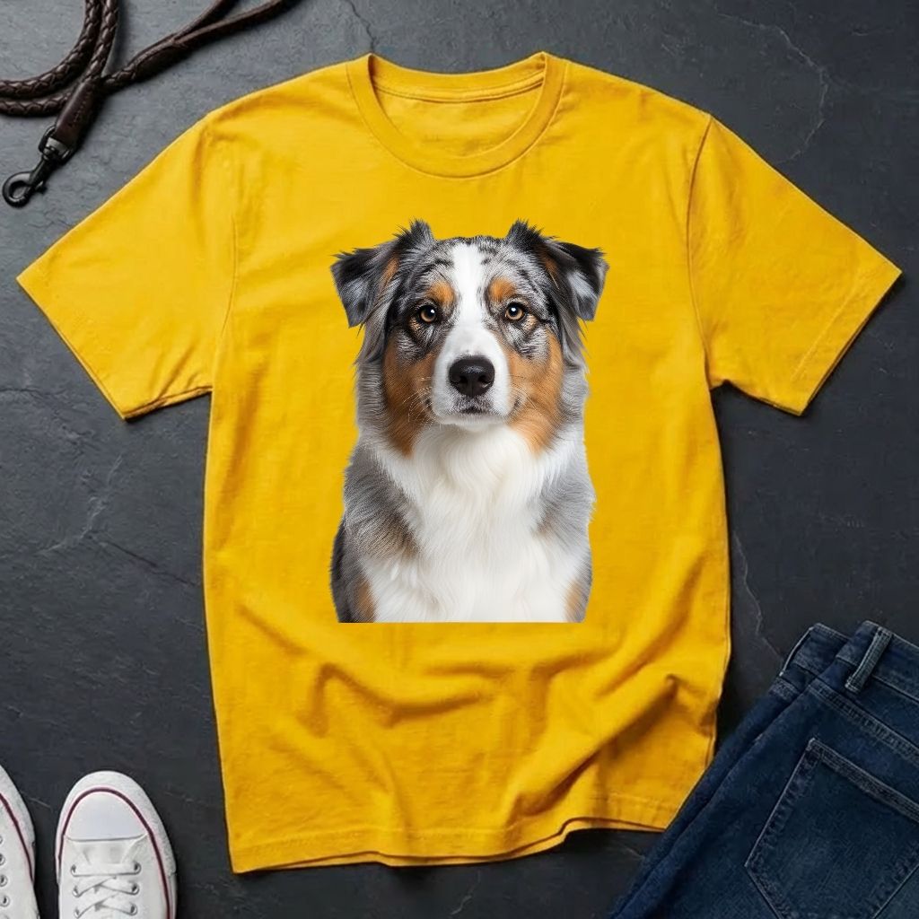 Australian Shepherd Photo-Realistic Shirt — High Detail Blue Merle Portrait Tee