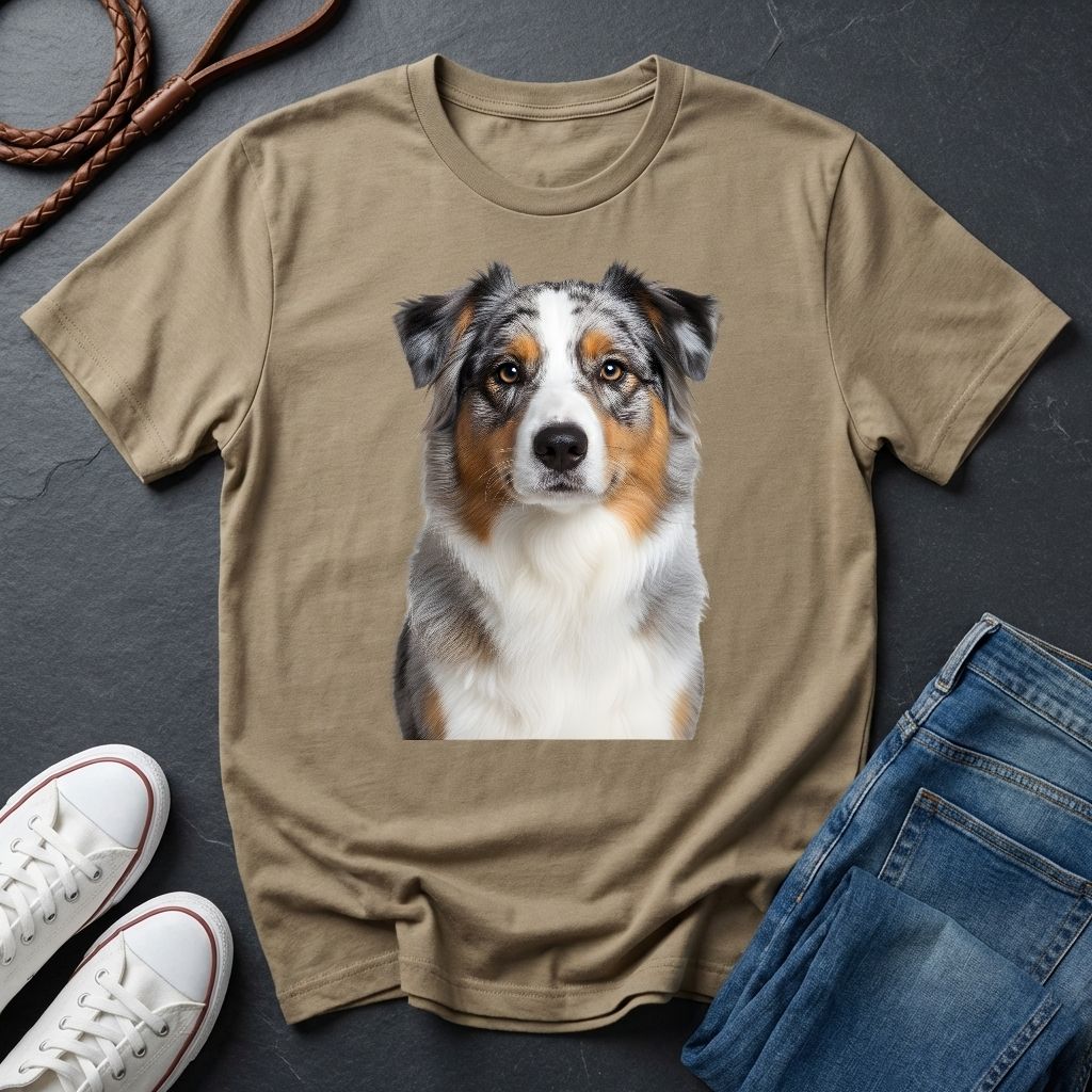 Australian Shepherd Photo-Realistic Shirt — High Detail Blue Merle Portrait Tee