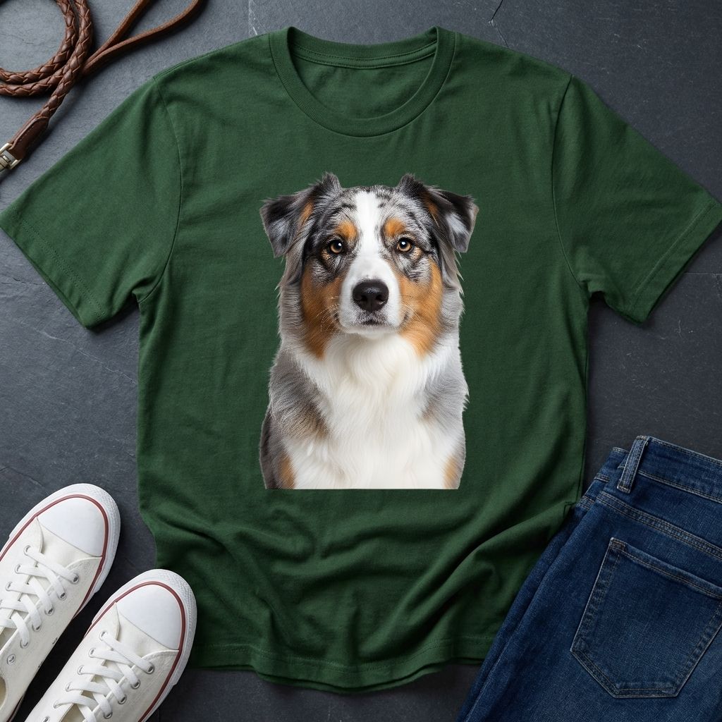 Australian Shepherd Photo-Realistic Shirt — High Detail Blue Merle Portrait Tee