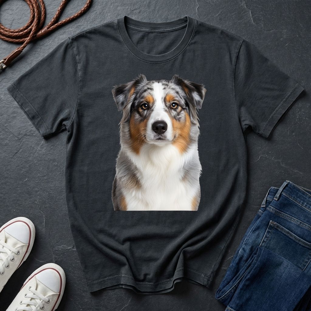 Australian Shepherd Photo-Realistic Shirt — High Detail Blue Merle Portrait Tee