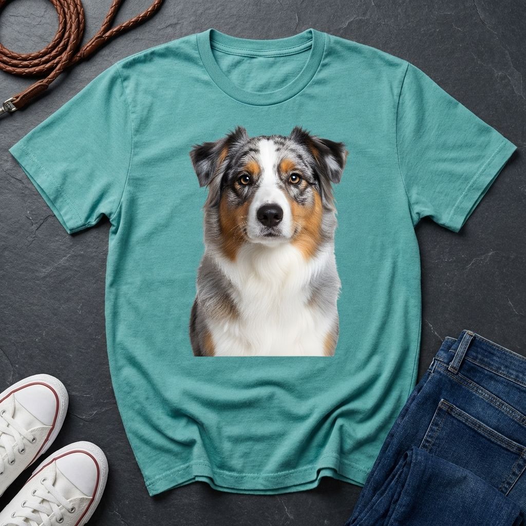 Australian Shepherd Photo-Realistic Shirt — High Detail Blue Merle Portrait Tee