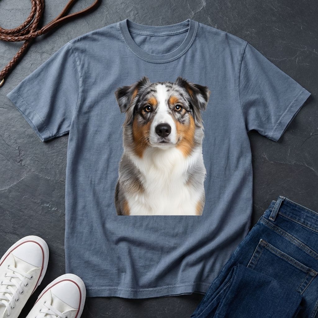 Australian Shepherd Photo-Realistic Shirt — High Detail Blue Merle Portrait Tee