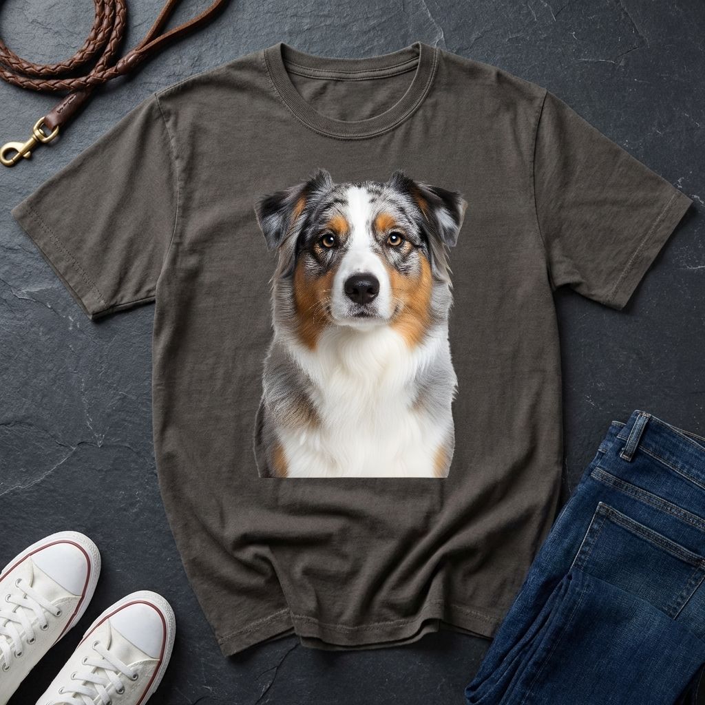 Australian Shepherd Photo-Realistic Shirt — High Detail Blue Merle Portrait Tee