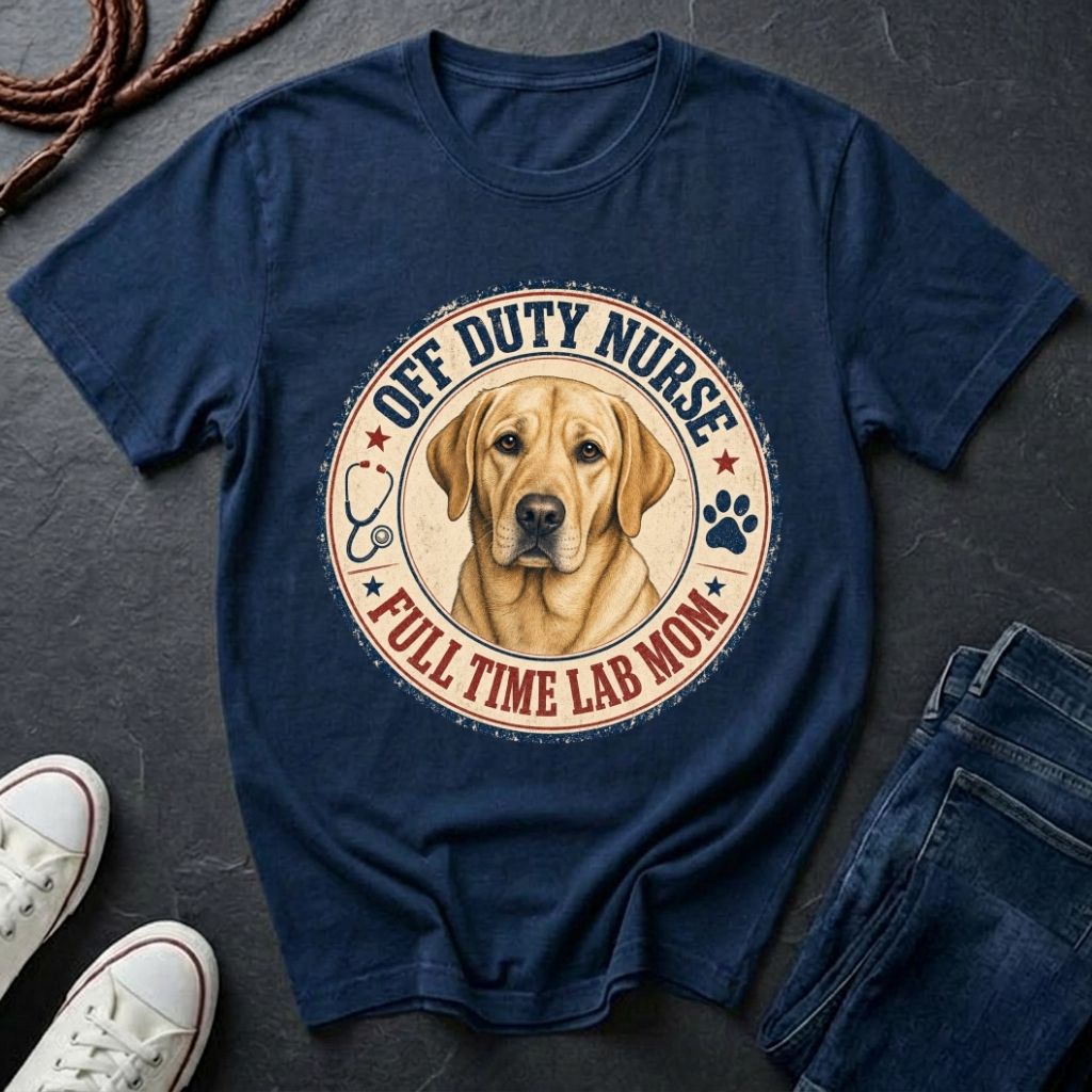 Off Duty Nurse Full Time Lab Mom T-Shirt – Yellow Lab Nurse Gift – Comfort Colors 1717
