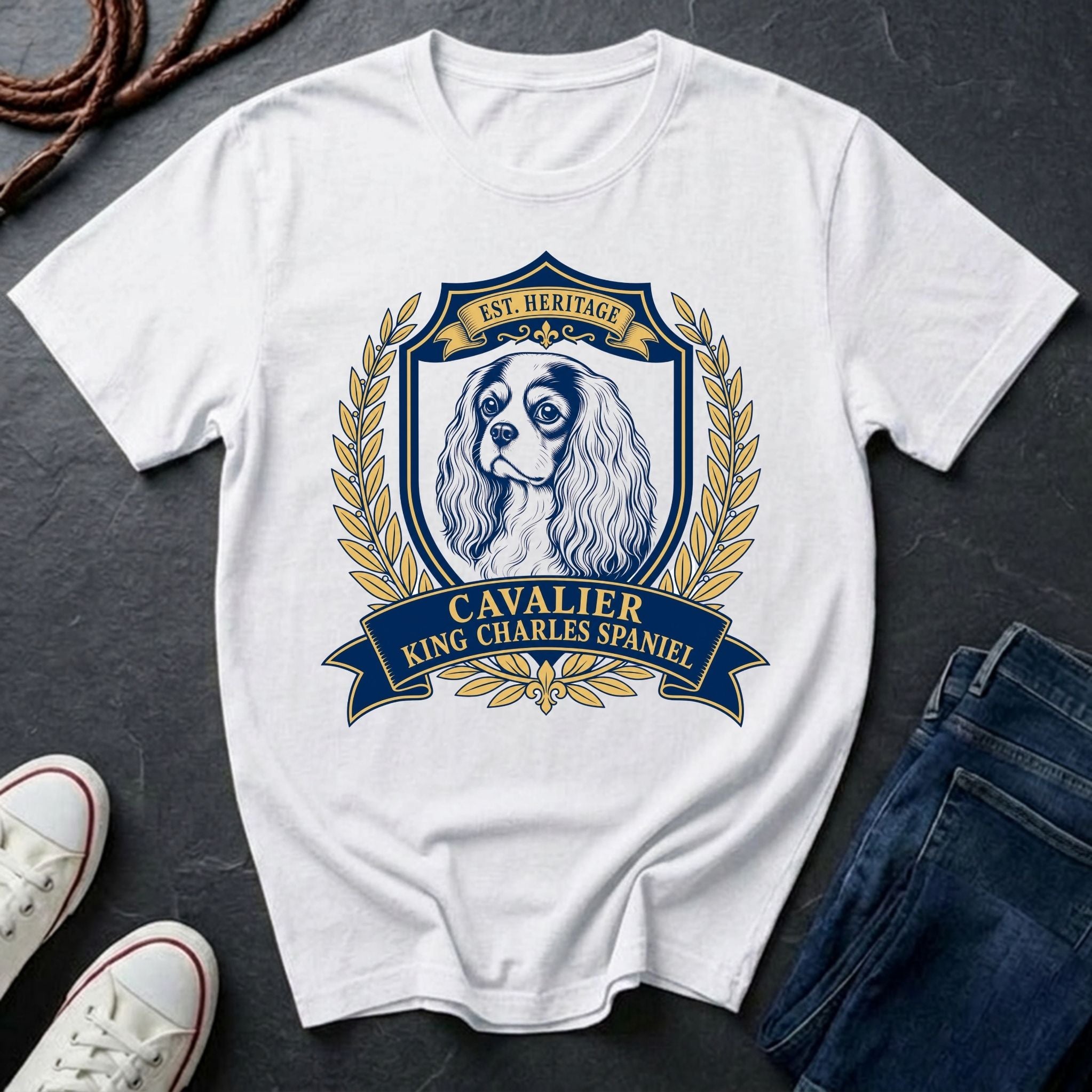 Cavalier King Charles Spaniel heritage badge t-shirt design, navy and gold vintage crest with laurel wreath

