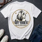 Shih Tzu Got Your 6 t-shirt design, gold distressed military badge with Small But Reports for Duty text