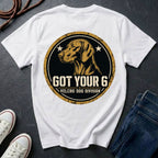 Vizsla Got Your 6 t-shirt design, gold distressed military badge with Velcro Dog Division text.