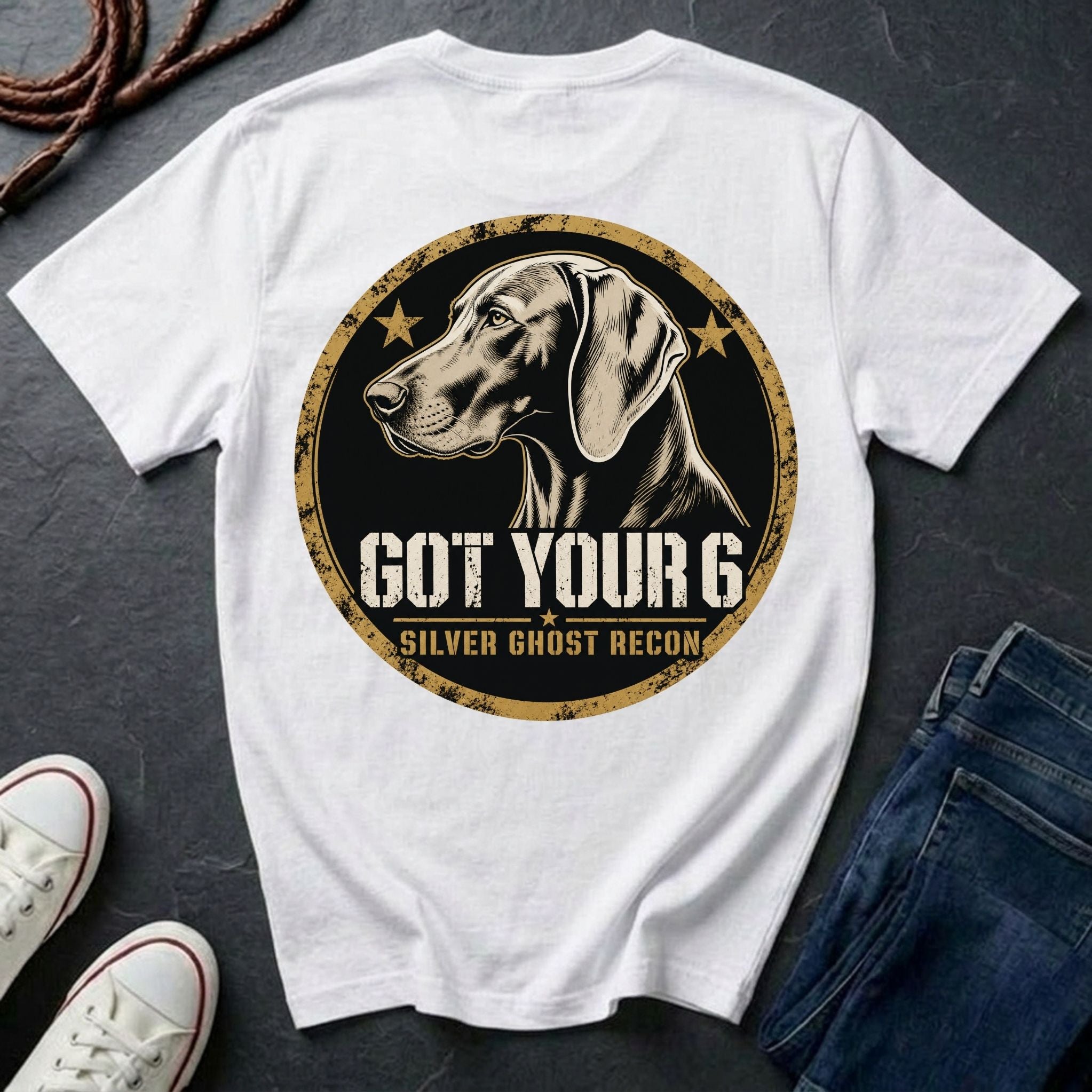 Weimaraner Got Your 6 t-shirt design, gold distressed military badge with Silver Ghost Recon text