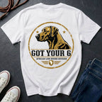 Rhodesian Ridgeback Got Your 6 t-shirt design, gold distressed military badge with African Lion Hound Division text