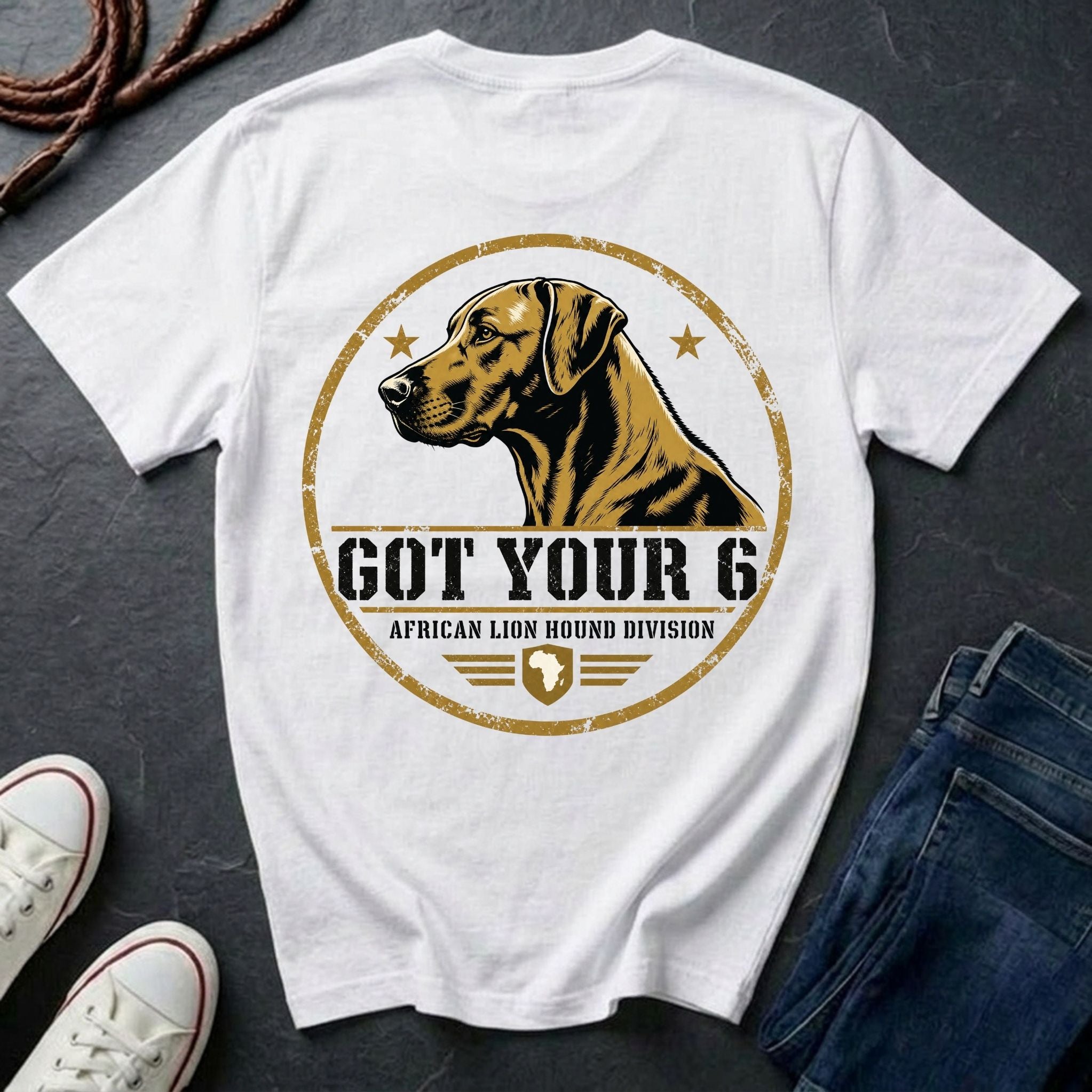 Rhodesian Ridgeback Got Your 6 t-shirt design, gold distressed military badge with African Lion Hound Division text