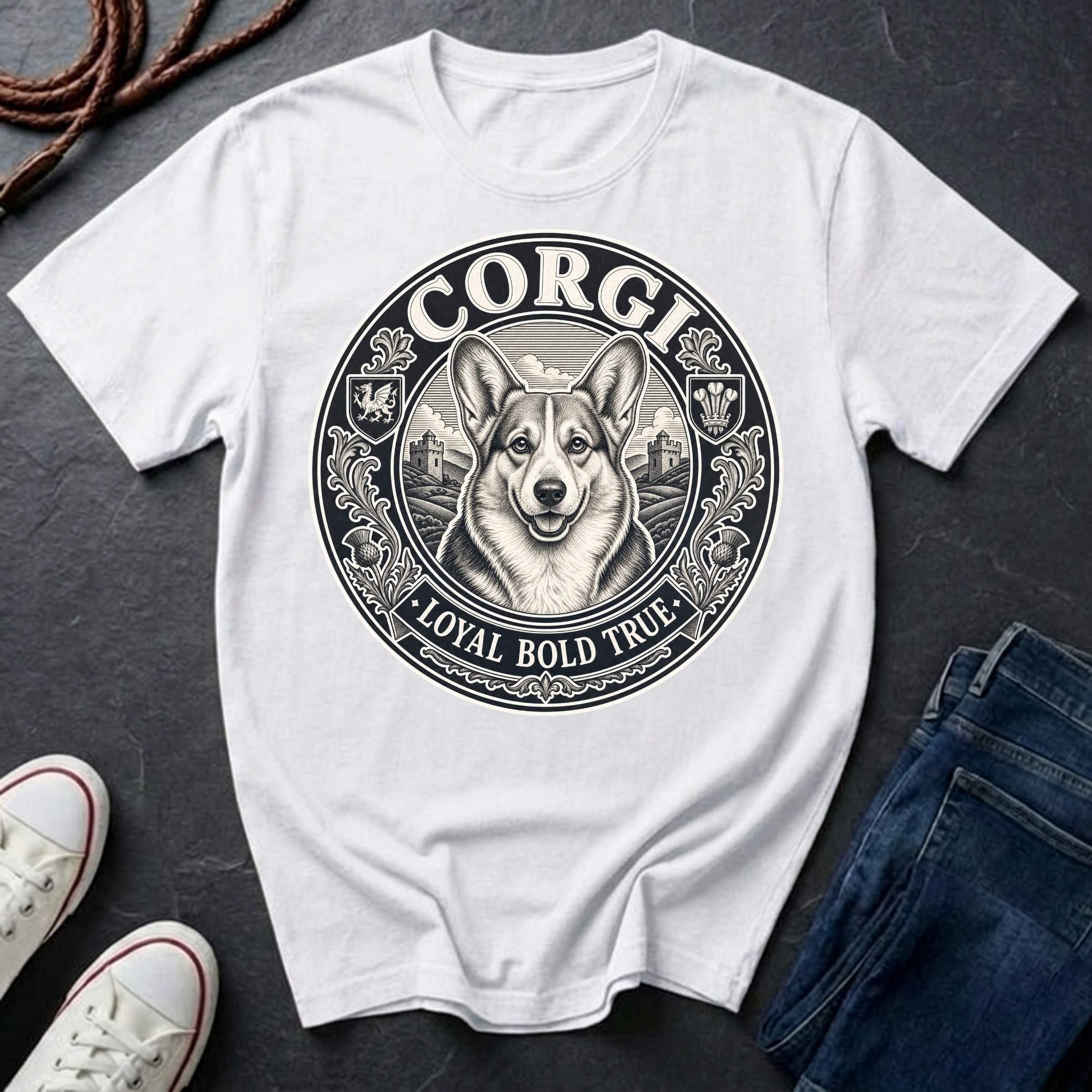 Corgi Heritage Badge t-shirt design featuring vintage crest emblem with Pembroke Welsh Corgi portrait on Comfort Colors tee