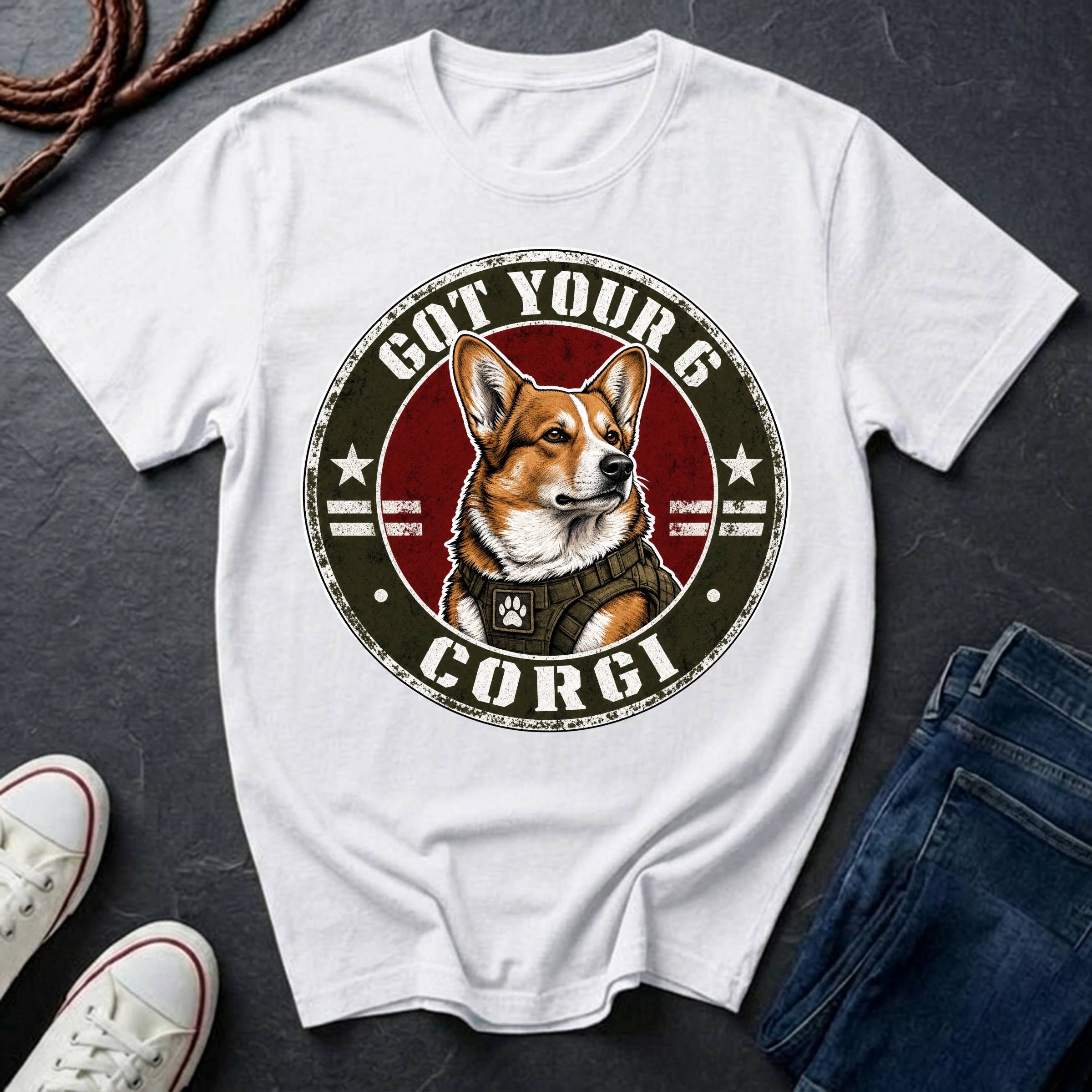 Corgi Got Your 6 t-shirt design featuring tactical badge with fierce Corgi bust on Comfort Colors tee