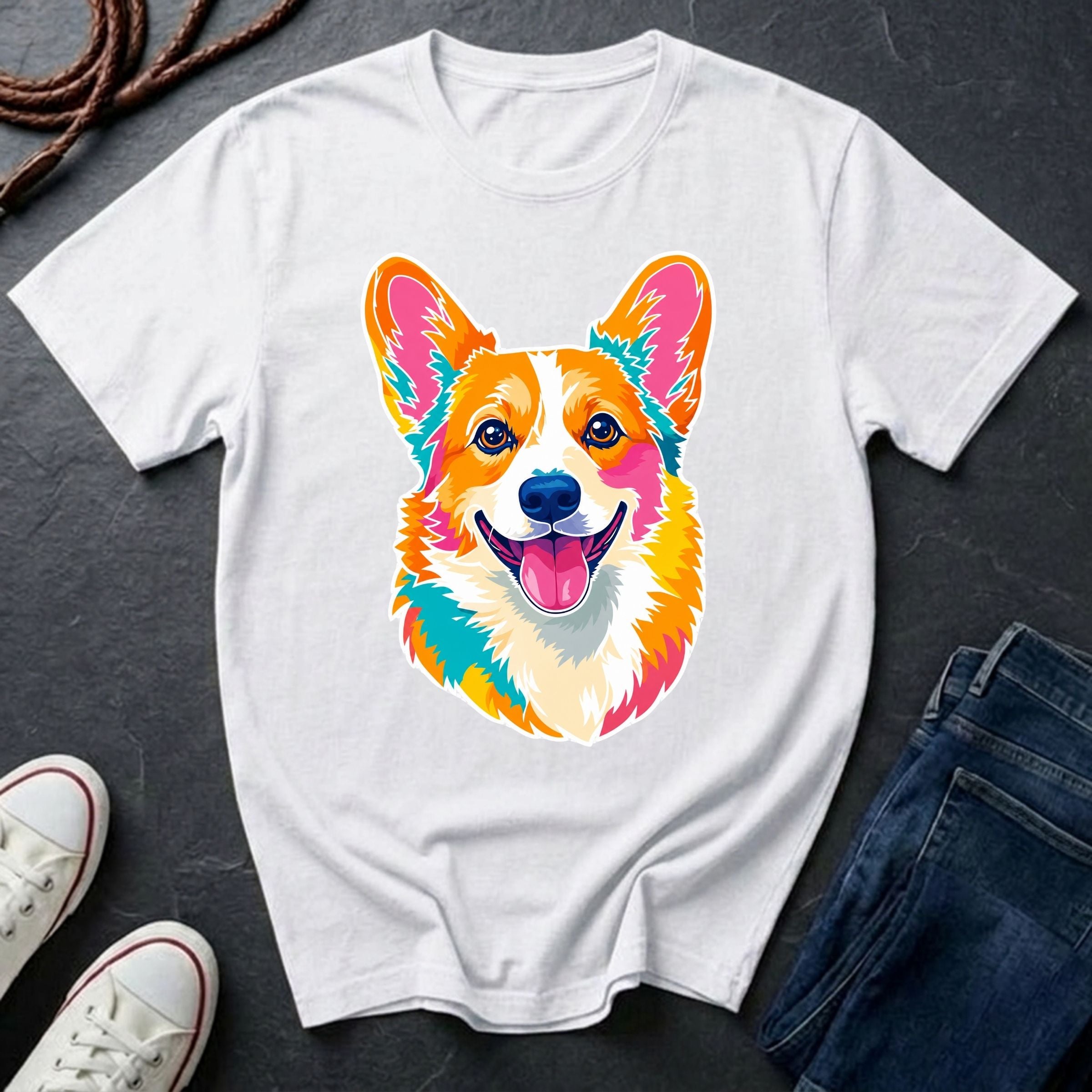 Corgi Pop Art t-shirt design featuring colorful graphic dog portrait on Comfort Colors tee