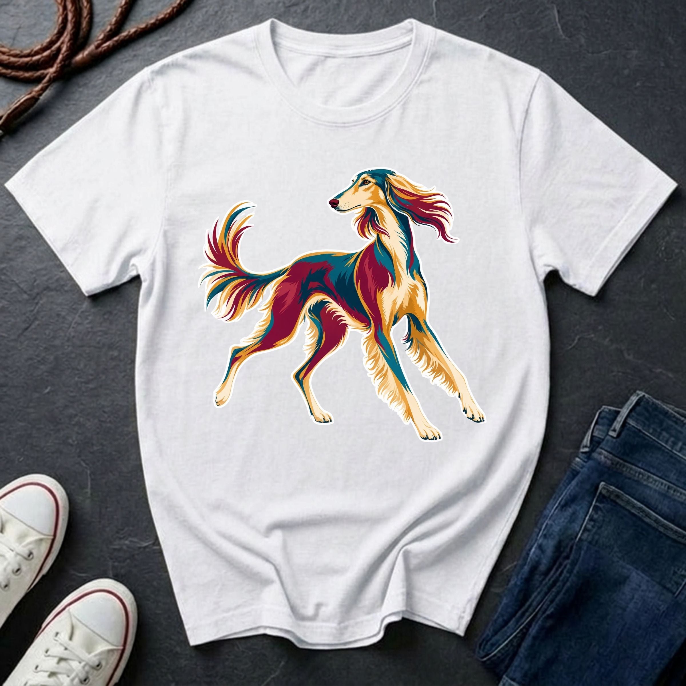 Saluki Pop Art t-shirt design featuring colorful elegant sighthound silhouette on Comfort Colors tee