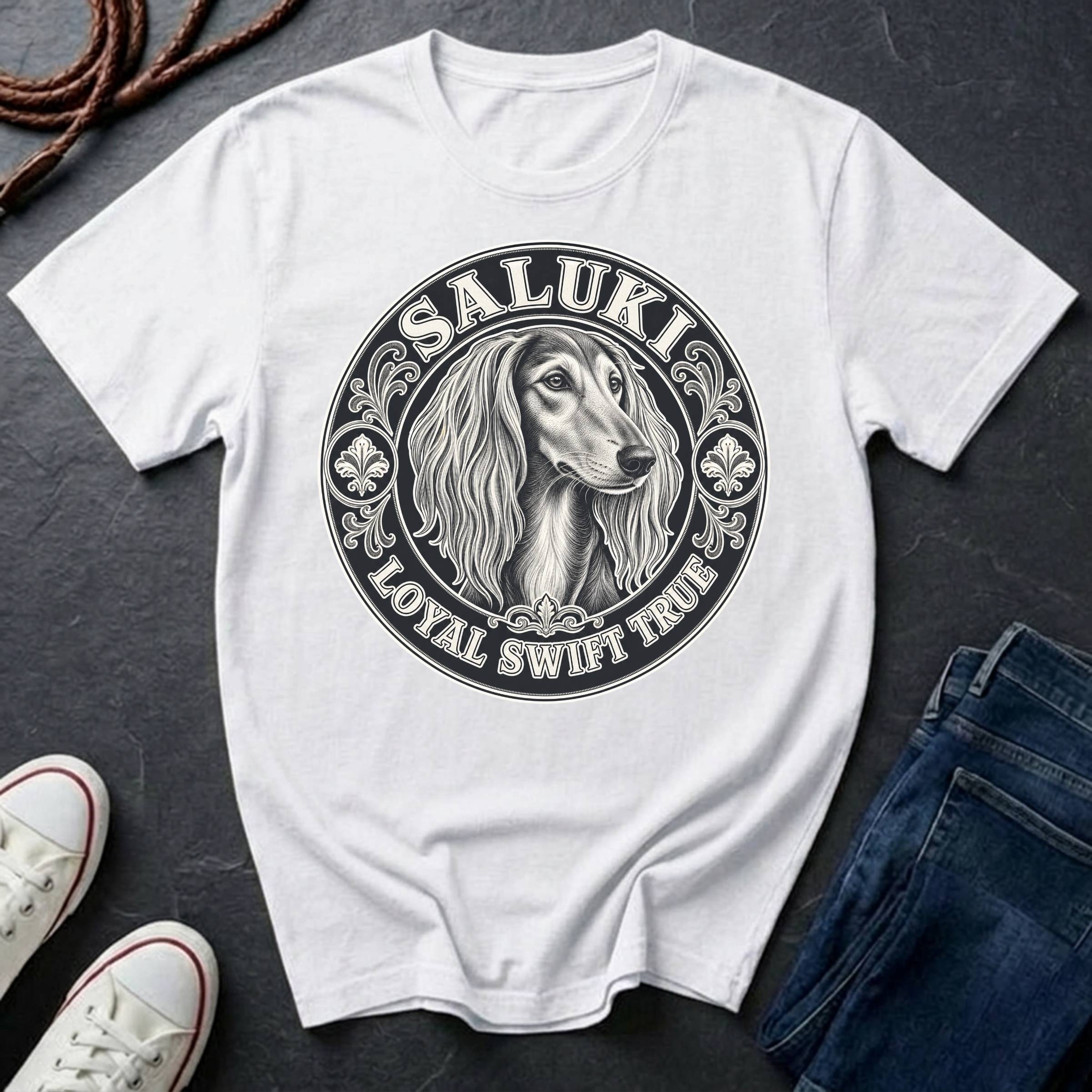 Saluki Heritage Badge t-shirt design featuring vintage crest emblem with elegant sighthound portrait on Comfort Colors tee