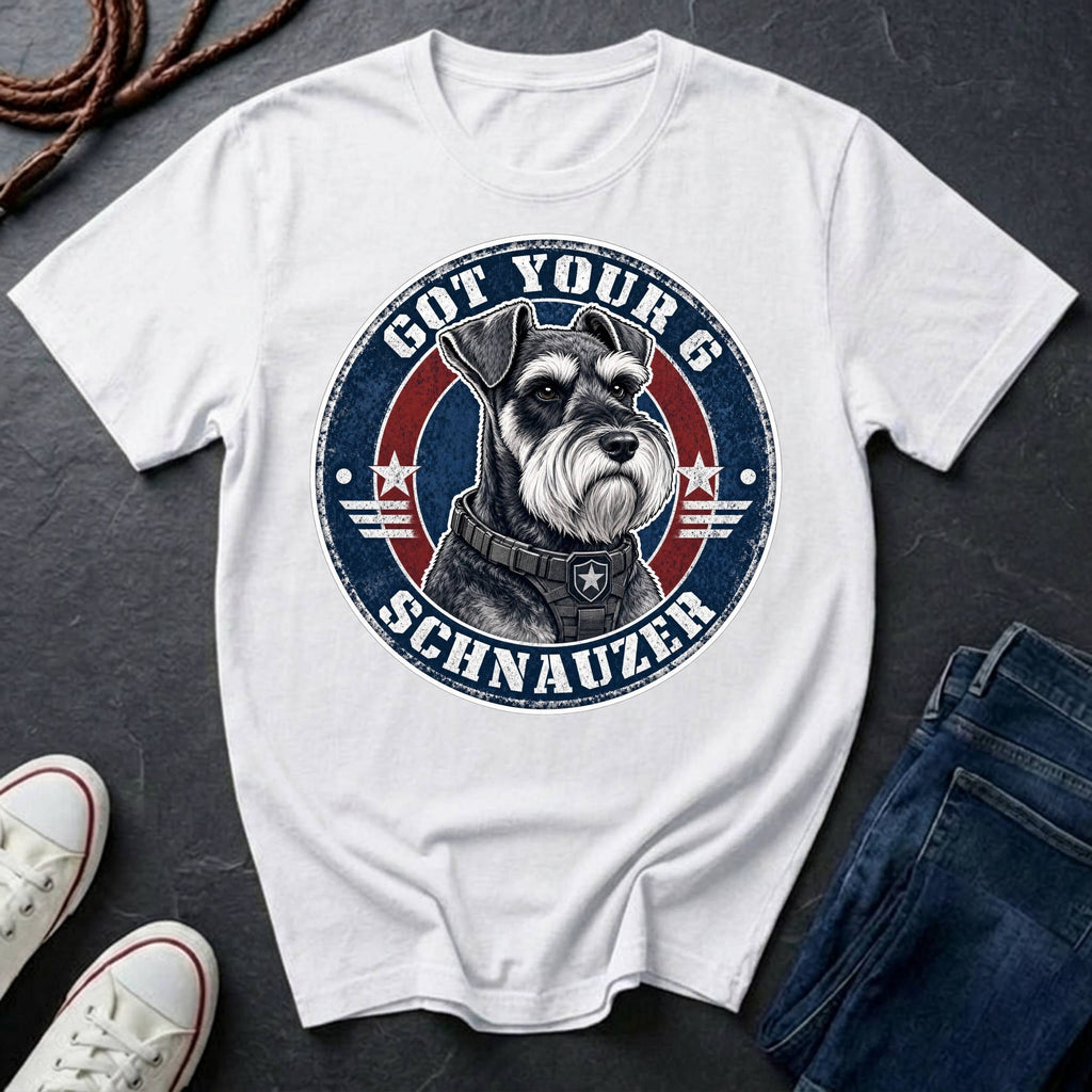 Miniature Schnauzer Got Your 6 t-shirt design featuring tactical badge with alert Schnauzer bust on Comfort Colors tee