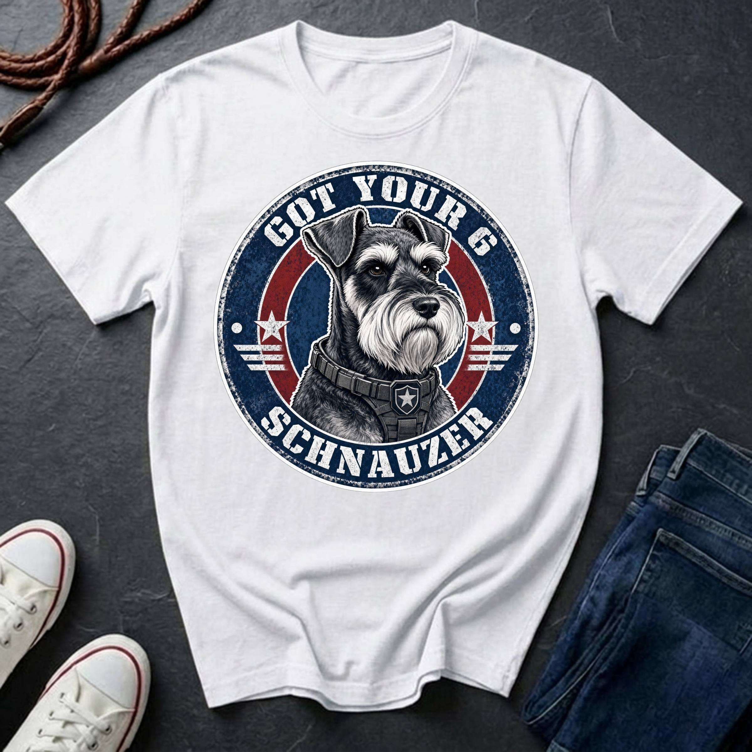 Miniature Schnauzer Got Your 6 t-shirt design featuring tactical badge with alert Schnauzer bust on Comfort Colors tee