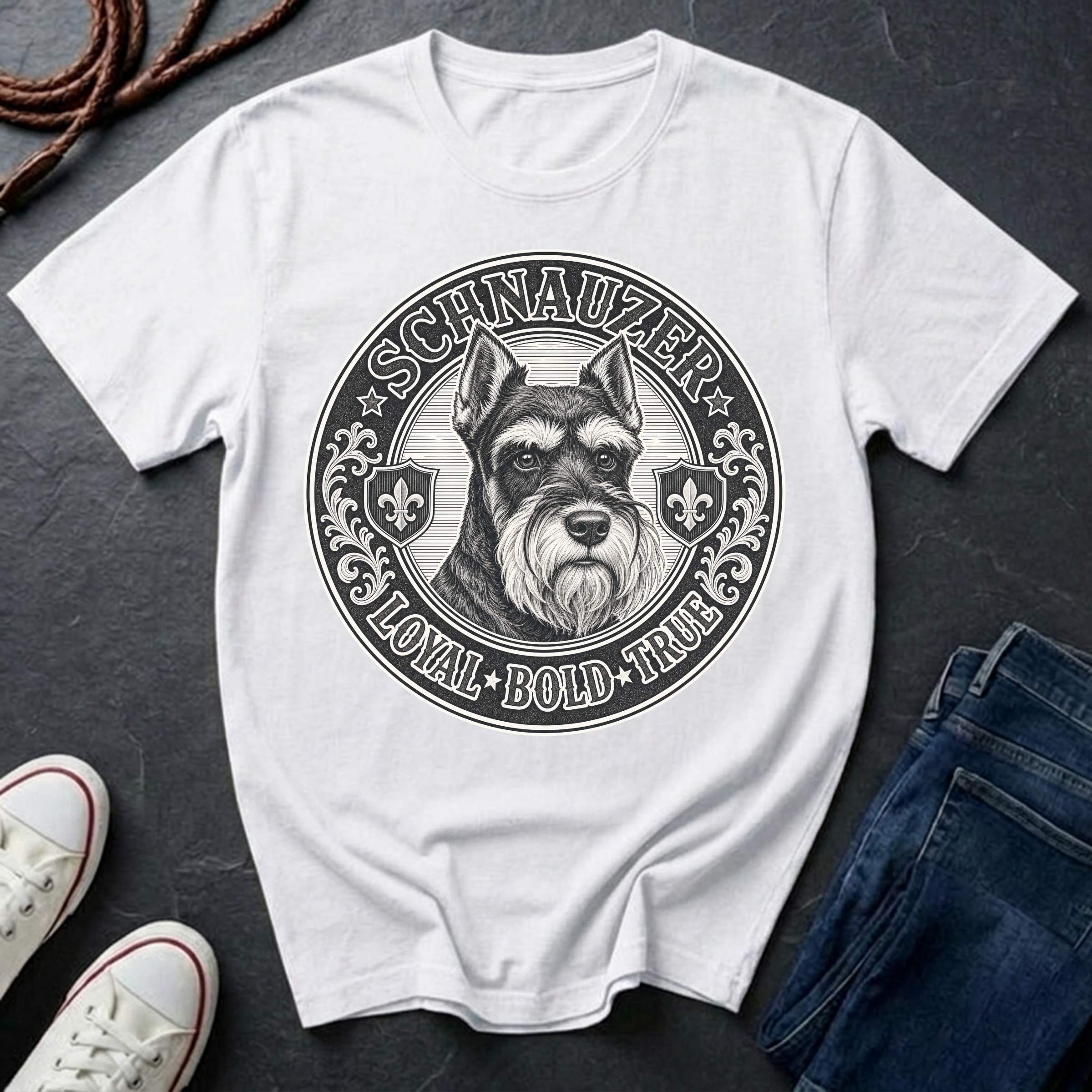 Miniature Schnauzer Heritage Badge t-shirt design featuring vintage crest emblem with bearded Schnauzer portrait on Comfort Colors tee