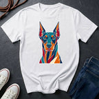 Doberman Pop Art t-shirt design featuring colorful graphic dog portrait on Comfort Colors tee