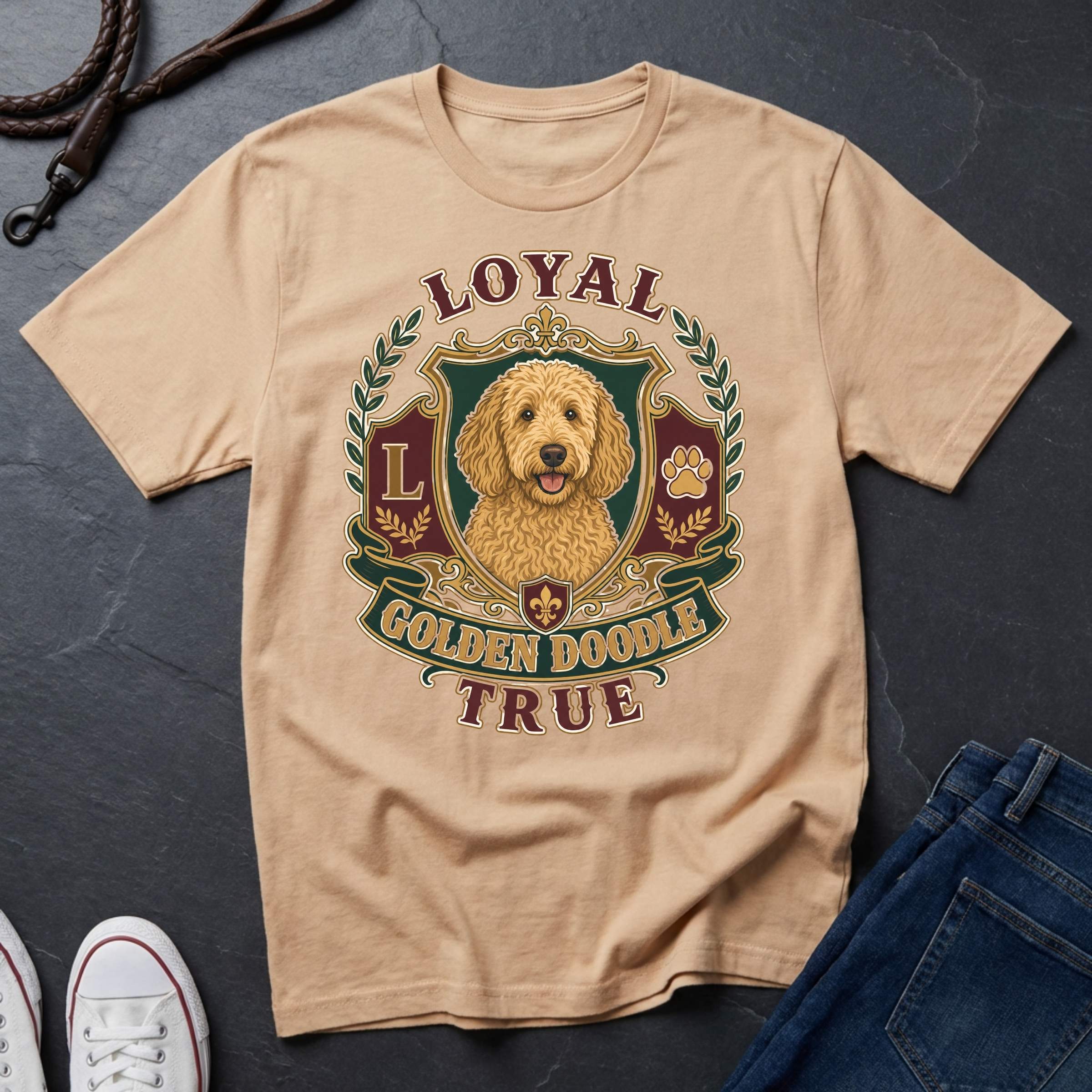 Goldendoodle Heritage Badge Shirt — Loyal Bold True — Comfort Colors 1717