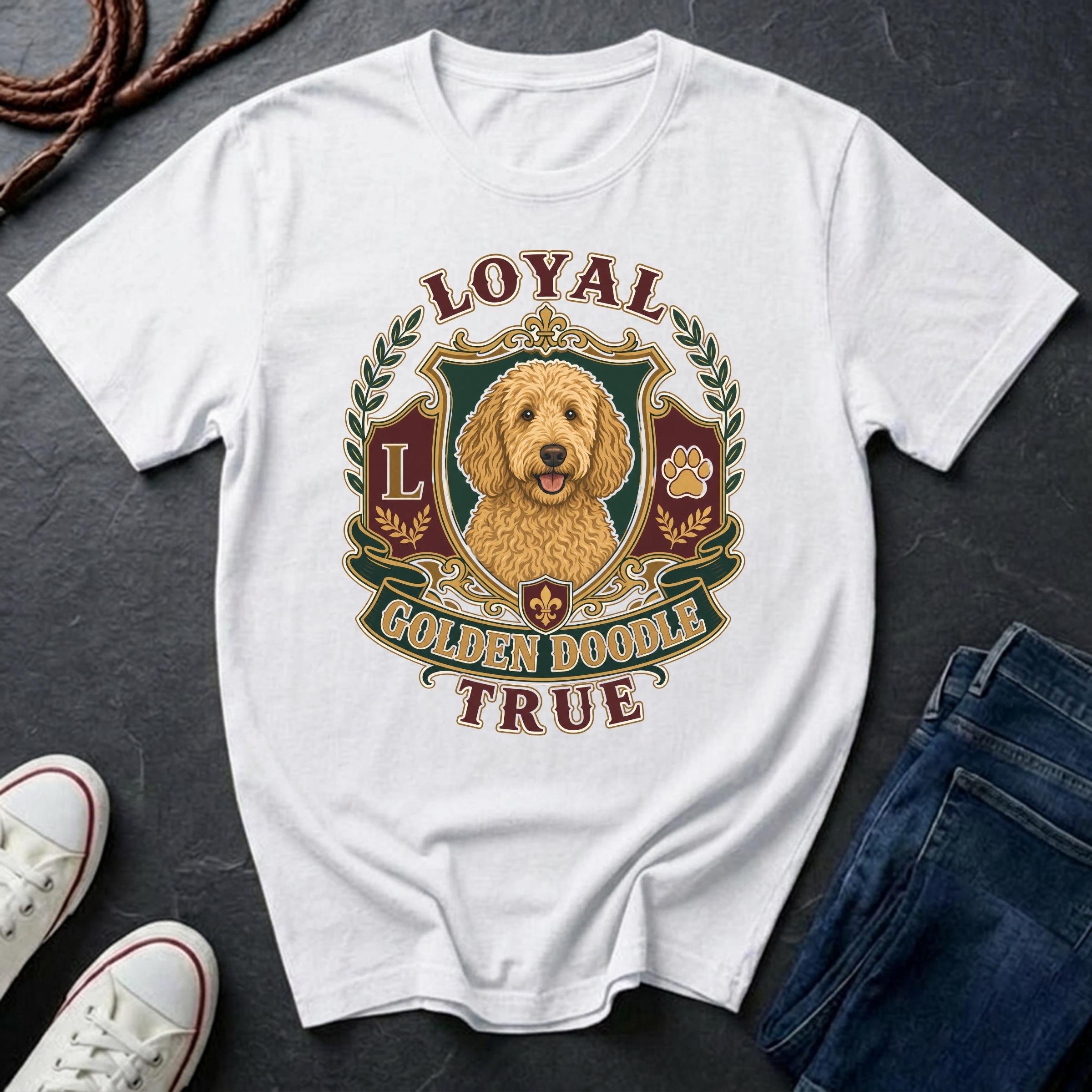  Goldendoodle Heritage Badge t-shirt design featuring a vintage crest portrait of a curly golden-coated Goldendoodle on a Comfort Colors tee