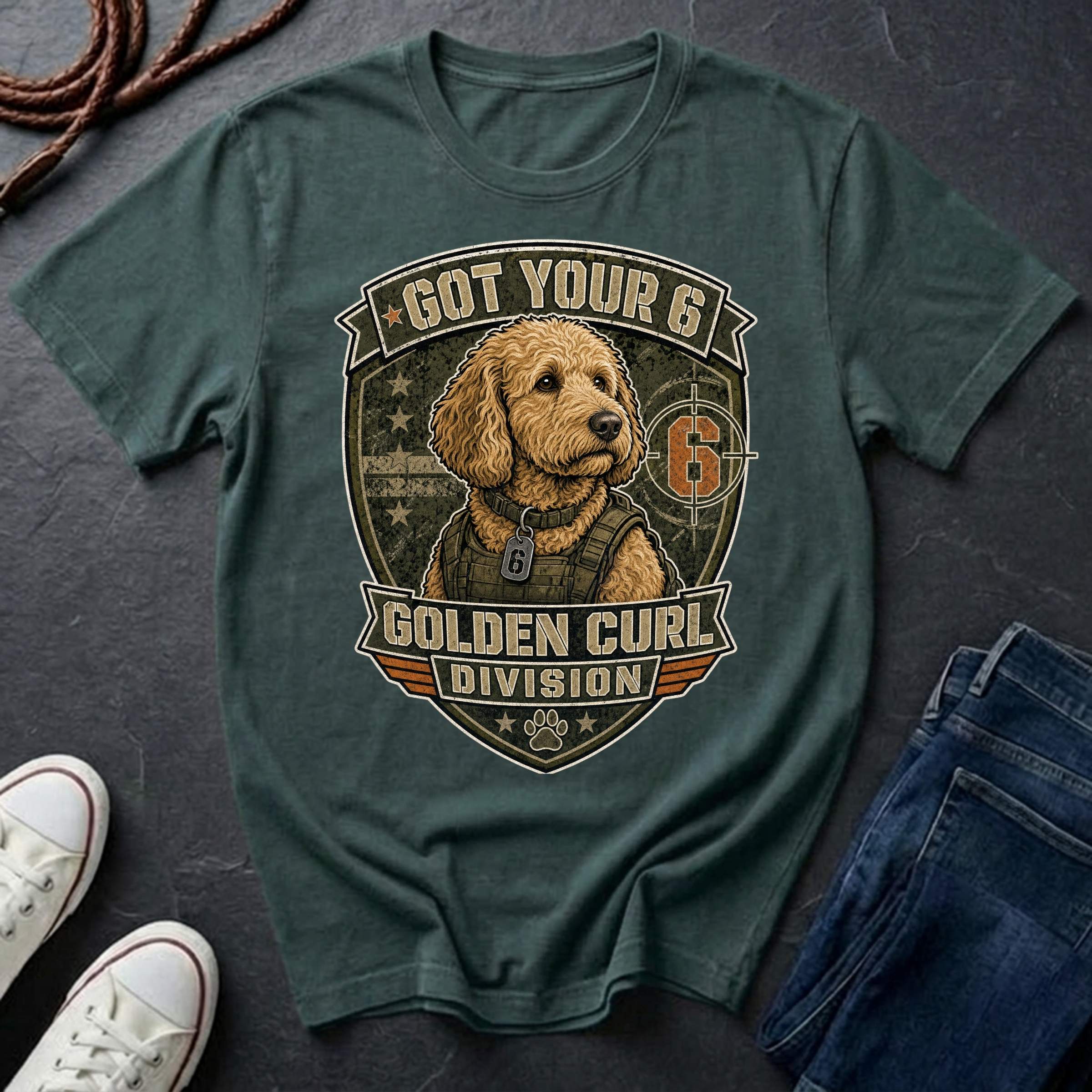 Goldendoodle "Got Your 6" T-Shirt — Golden Curl Division — Comfort Colors 1717