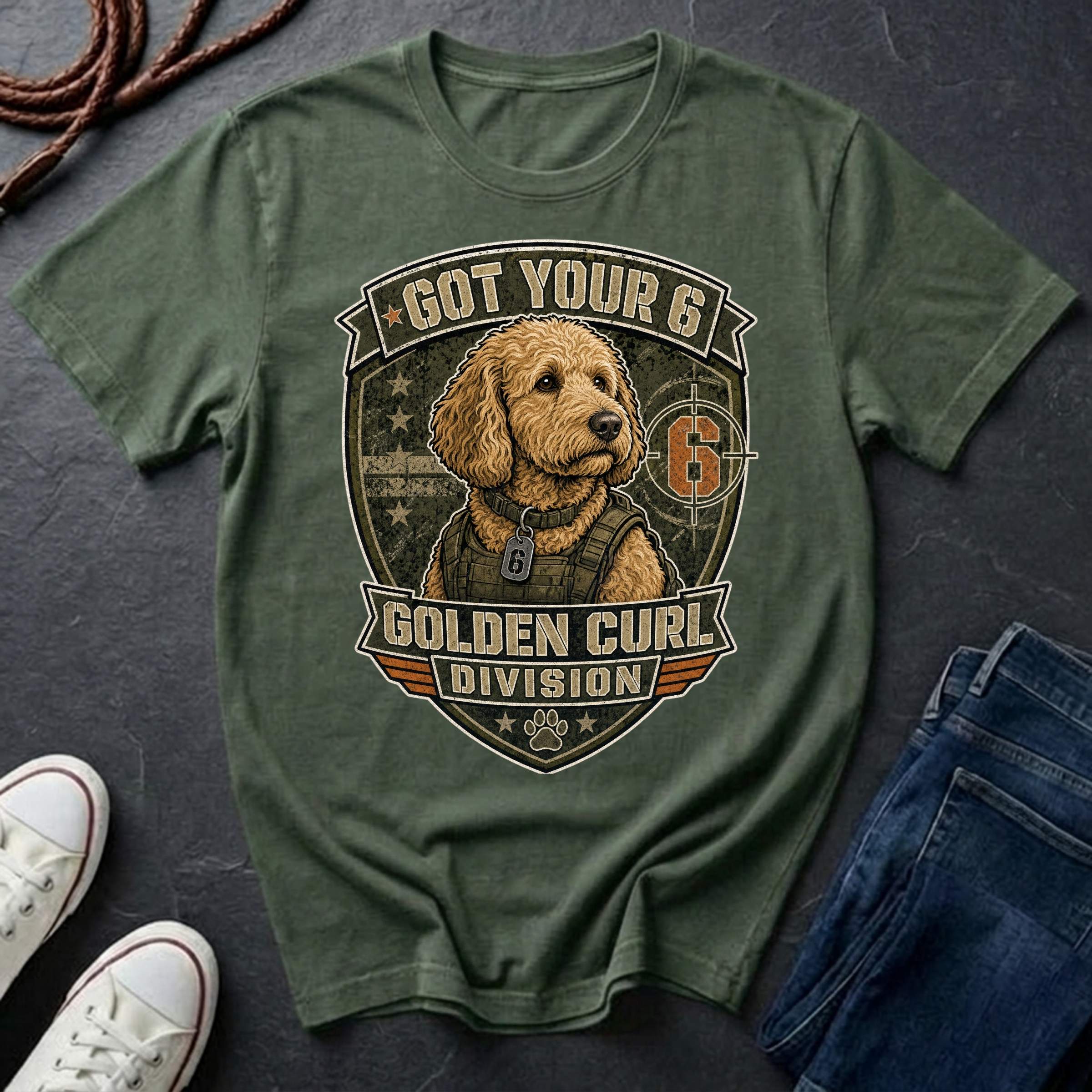 Goldendoodle "Got Your 6" T-Shirt — Golden Curl Division — Comfort Colors 1717