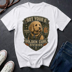 Goldendoodle "Got Your 6" t-shirt design featuring a tactical distressed badge portrait of a Goldendoodle on a Comfort Colors tee