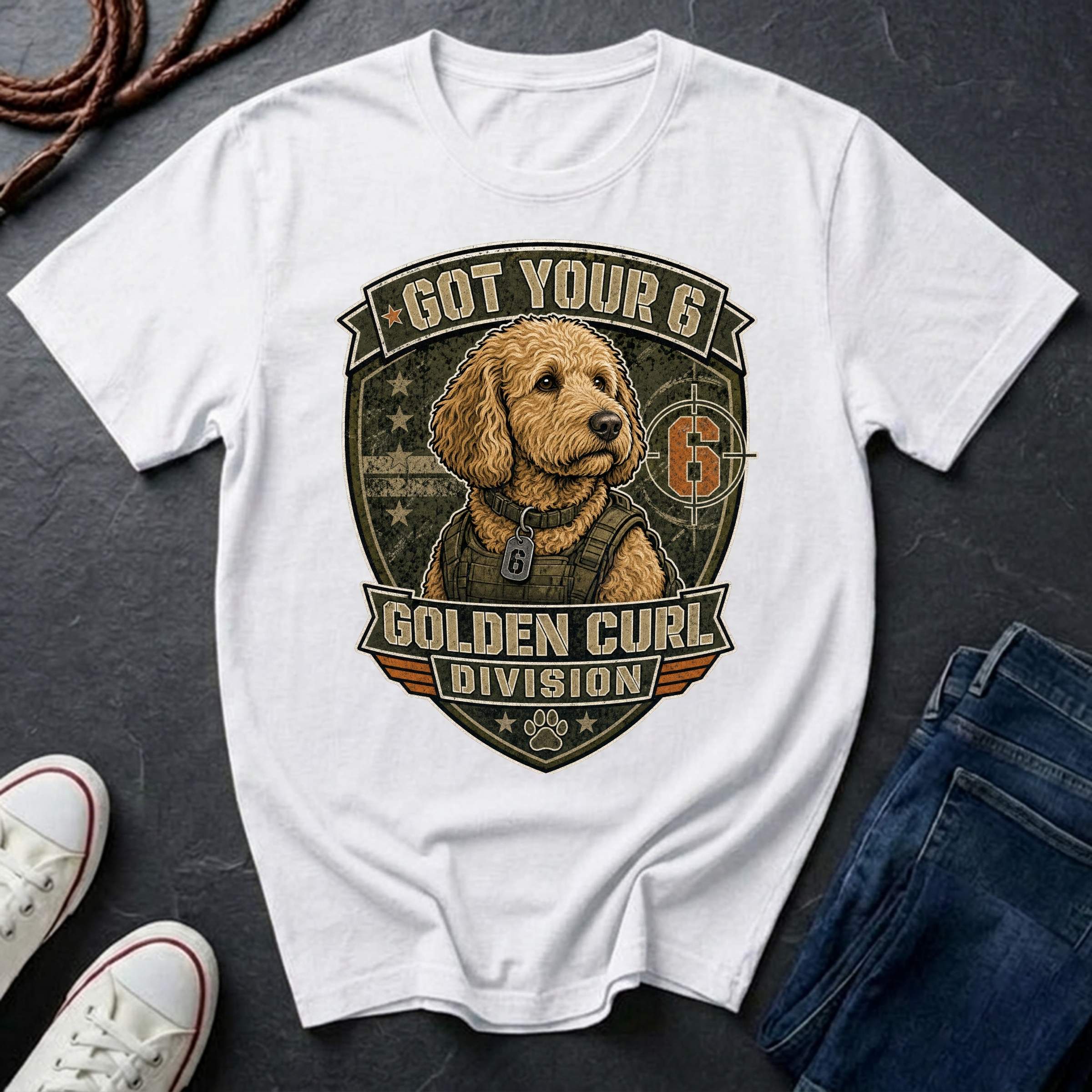 Goldendoodle "Got Your 6" t-shirt design featuring a tactical distressed badge portrait of a Goldendoodle on a Comfort Colors tee
