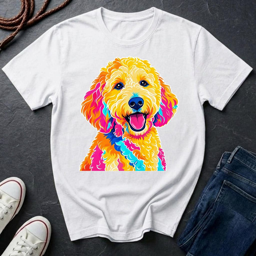  Goldendoodle Graphic Pop Art t-shirt design featuring a vibrant color-block portrait of a Goldendoodle on a Comfort Colors tee
