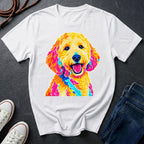  Goldendoodle Graphic Pop Art t-shirt design featuring a vibrant color-block portrait of a Goldendoodle on a Comfort Colors tee