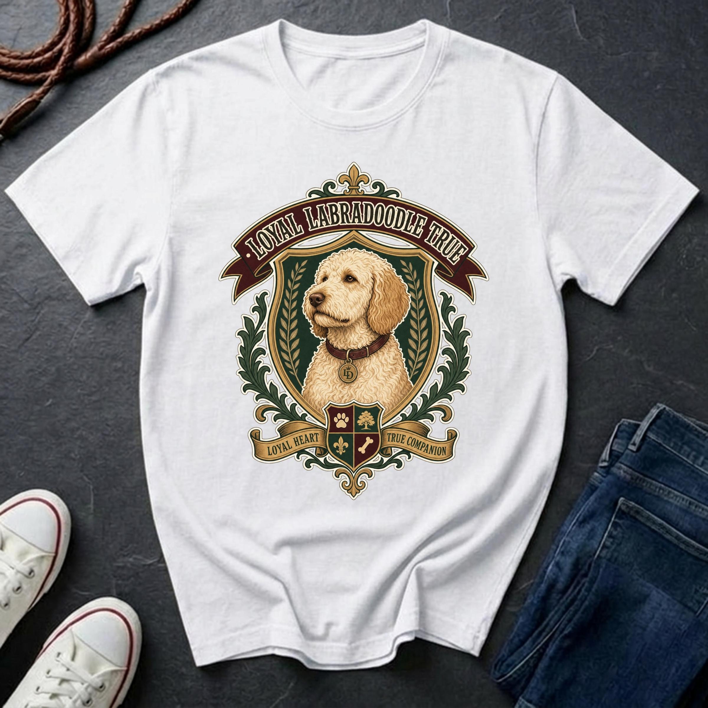  Labradoodle Heritage Badge t-shirt design featuring a vintage crest portrait of a curly cream Labradoodle on a Comfort Colors tee