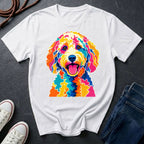  Labradoodle Graphic Pop Art t-shirt design featuring a vibrant color-block portrait of a Labradoodle on a Comfort Colors tee