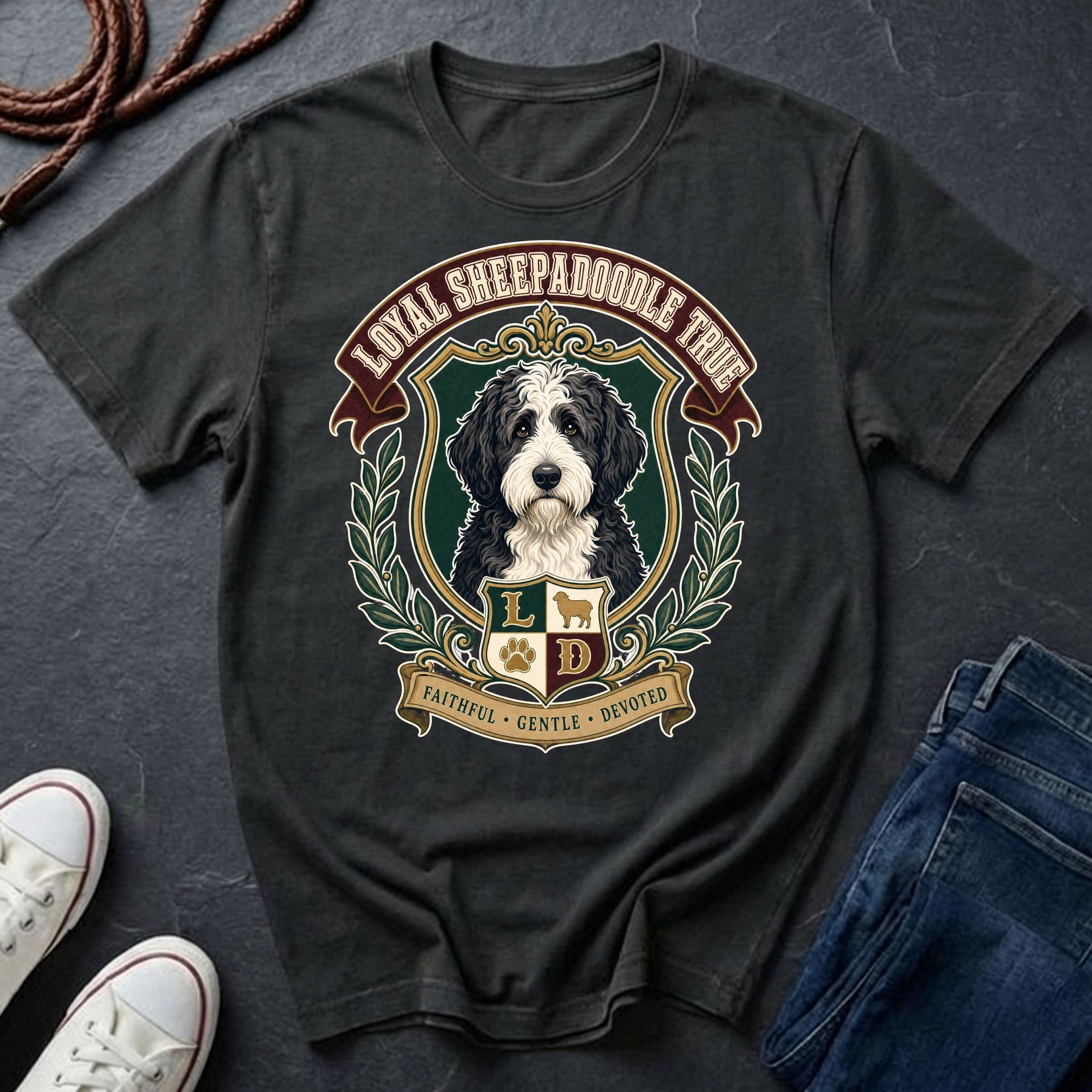 Sheepadoodle Heritage Badge Shirt — Loyal Bold True — Comfort Colors 1717
