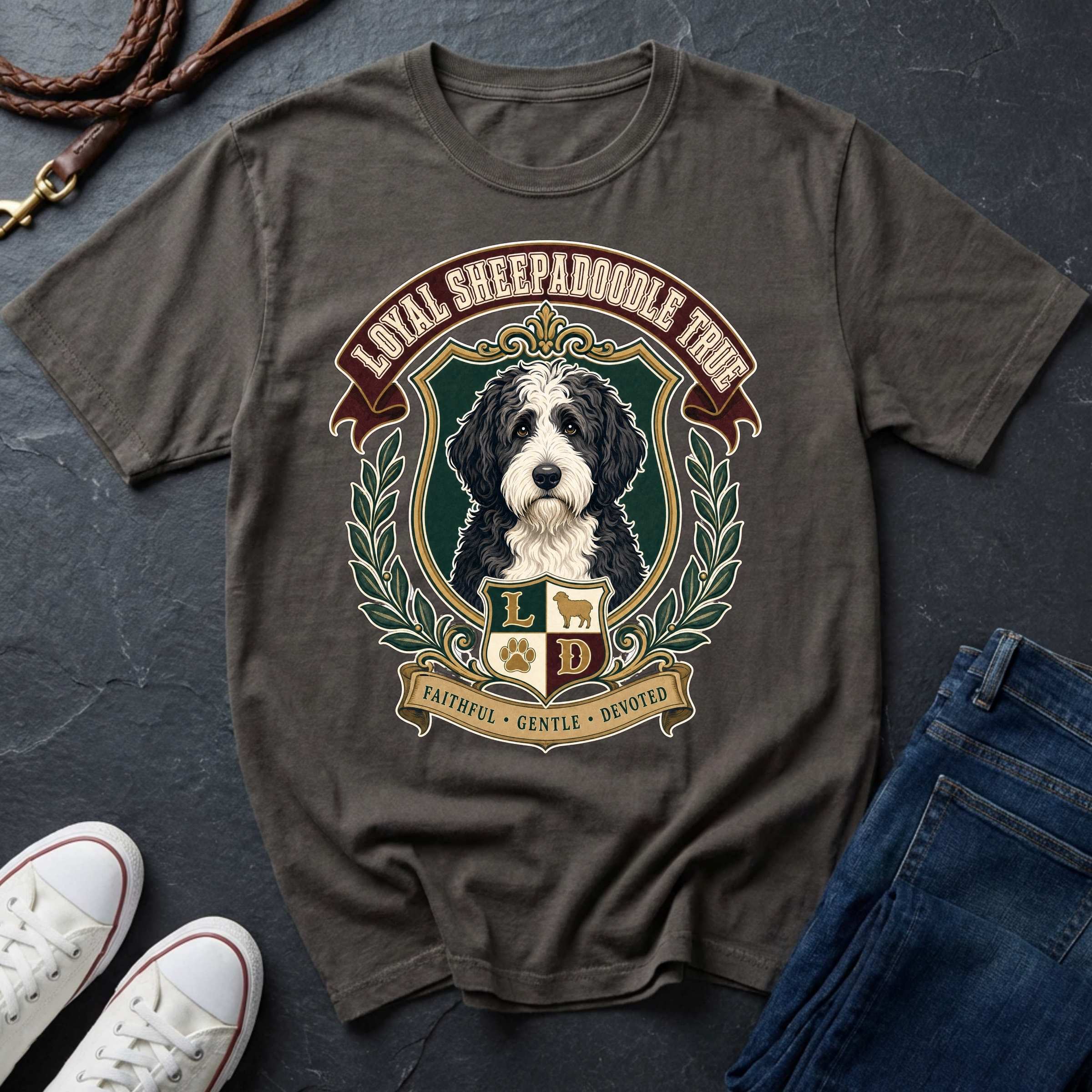 Sheepadoodle Heritage Badge Shirt — Loyal Bold True — Comfort Colors 1717