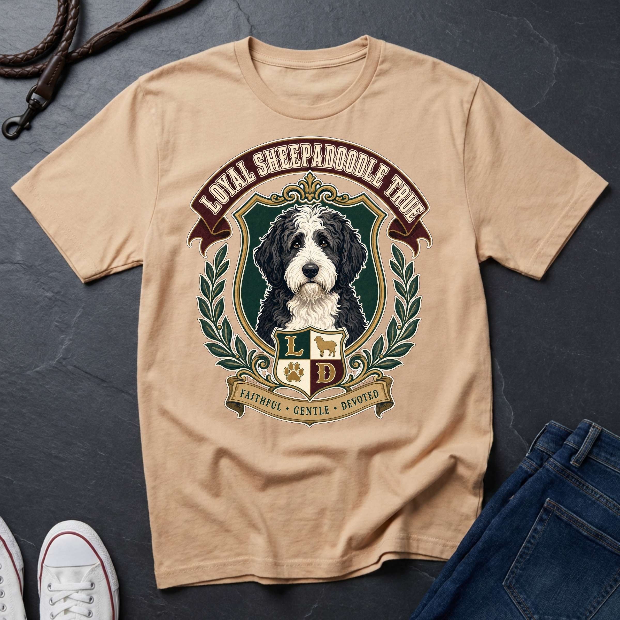 Sheepadoodle Heritage Badge Shirt — Loyal Bold True — Comfort Colors 1717