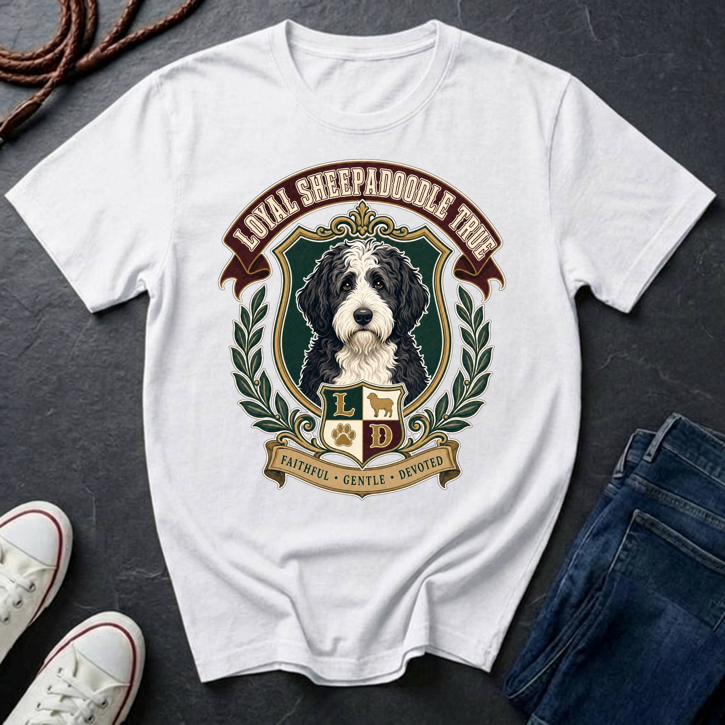 Sheepadoodle Heritage Badge Shirt — Loyal Bold True — Comfort Colors 1717
