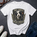 Sheepadoodle "Got Your 6" t-shirt design featuring a tactical distressed badge portrait of a Sheepadoodle on a Comfort Colors tee