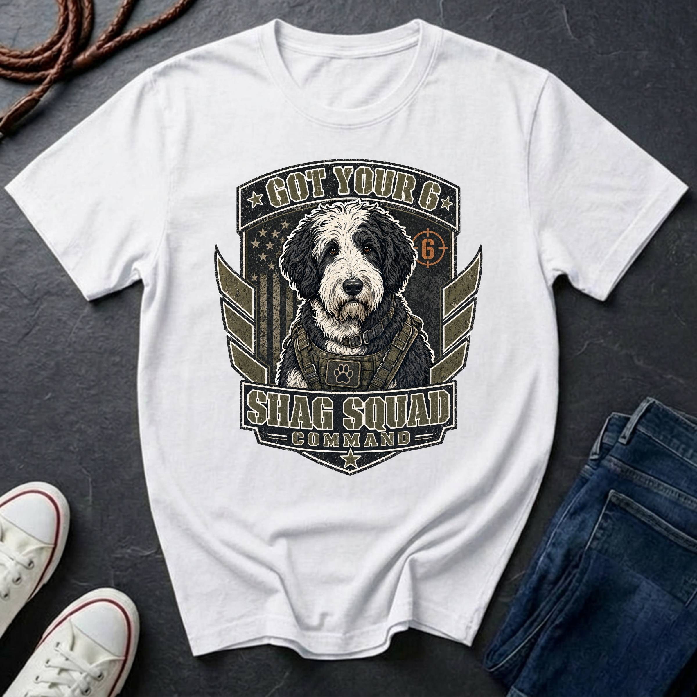 Sheepadoodle "Got Your 6" t-shirt design featuring a tactical distressed badge portrait of a Sheepadoodle on a Comfort Colors tee