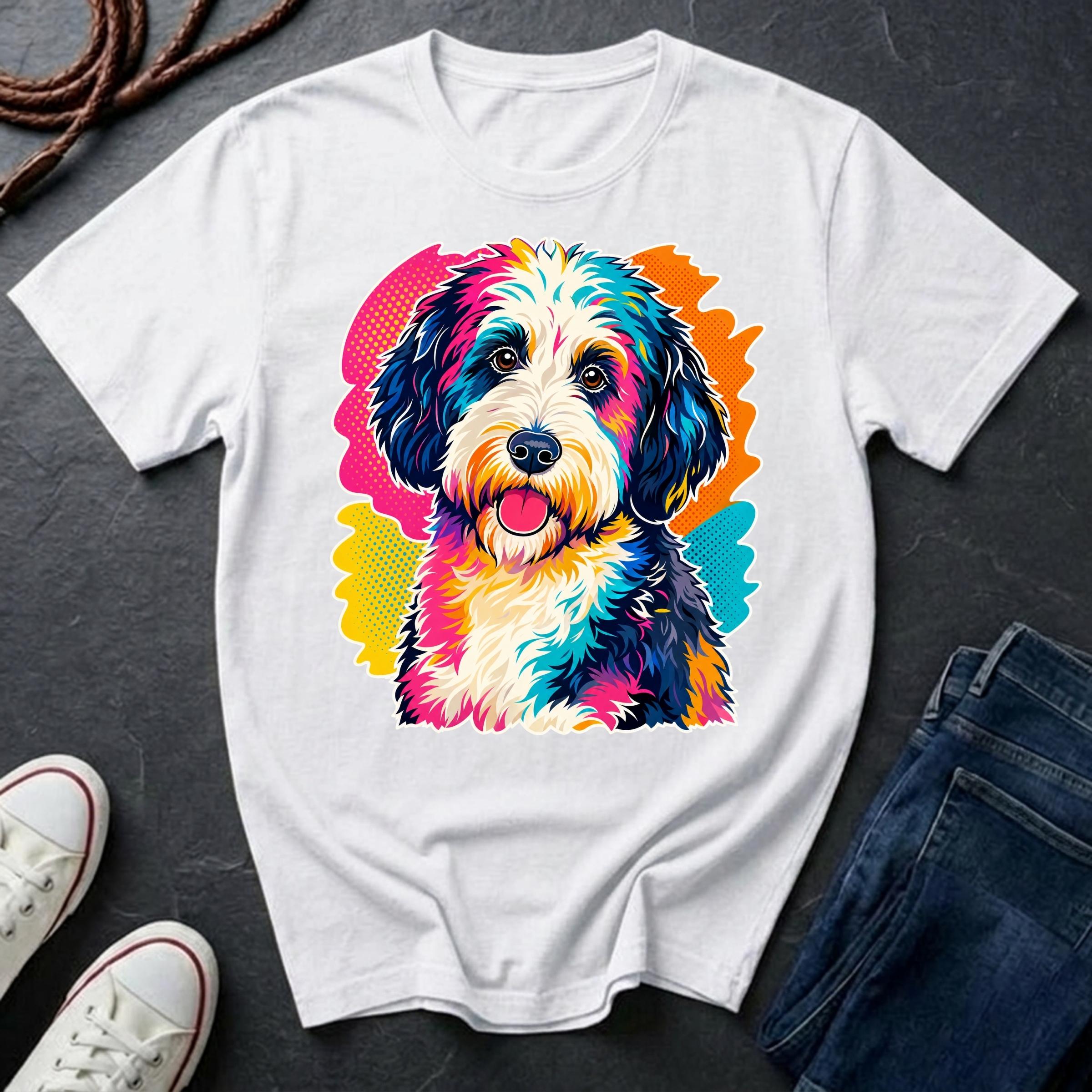 Sheepadoodle Graphic Pop Art t-shirt design featuring a vibrant color-block portrait of a Sheepadoodle on a Comfort Colors tee