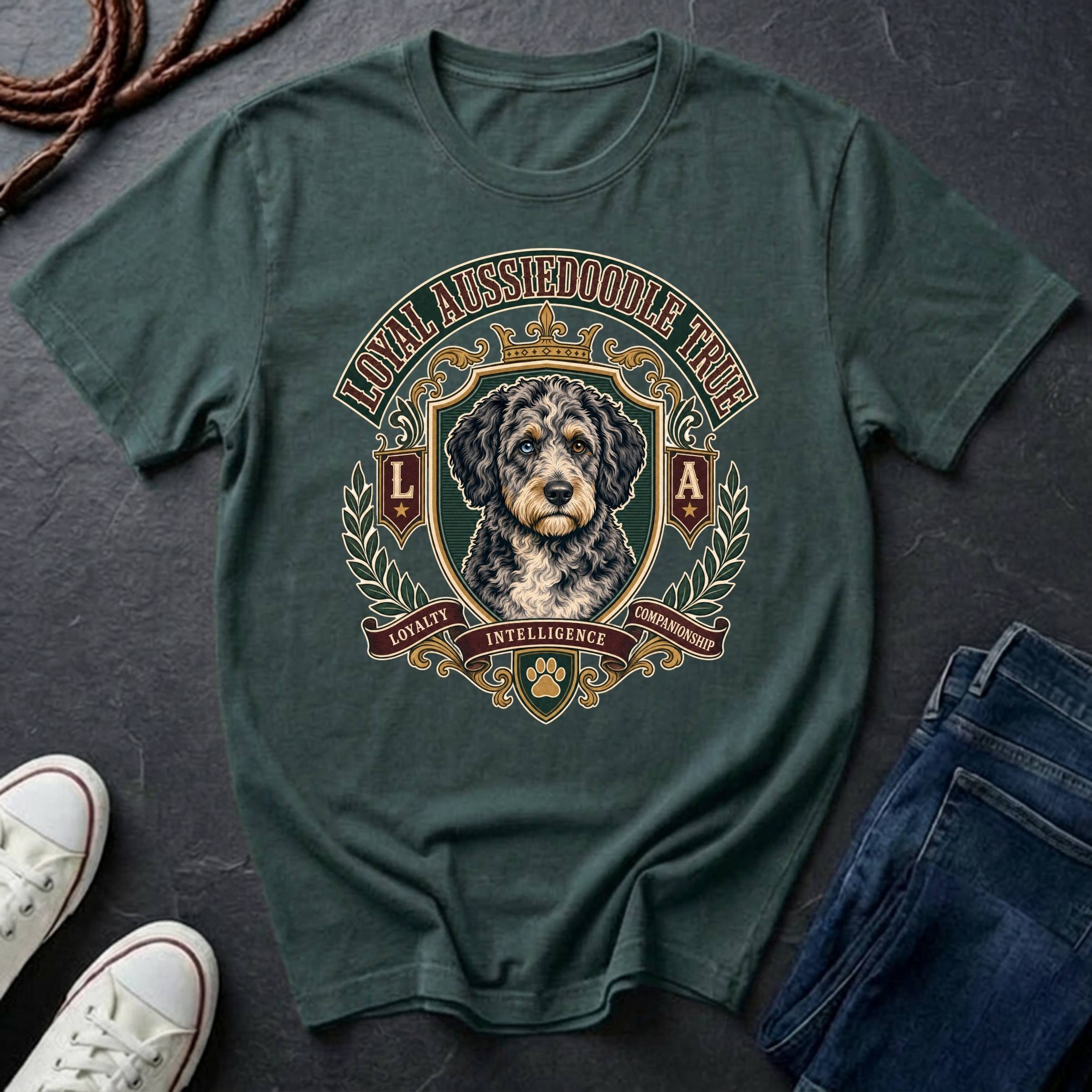  Sheepadoodle Heritage Badge t-shirt design featuring a vintage crest portrait of a shaggy black-and-white Sheepadoodle on a Comfort Colors tee