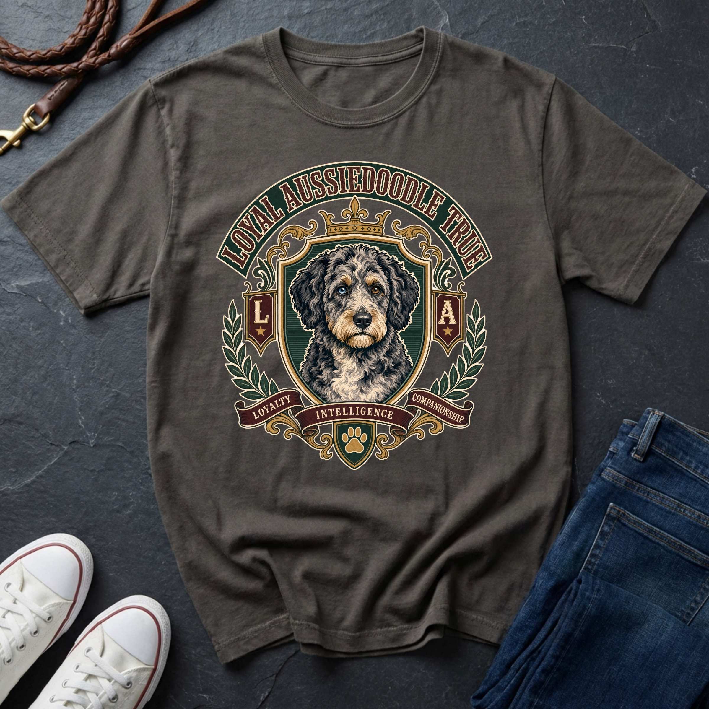  Sheepadoodle Heritage Badge t-shirt design featuring a vintage crest portrait of a shaggy black-and-white Sheepadoodle on a Comfort Colors tee
