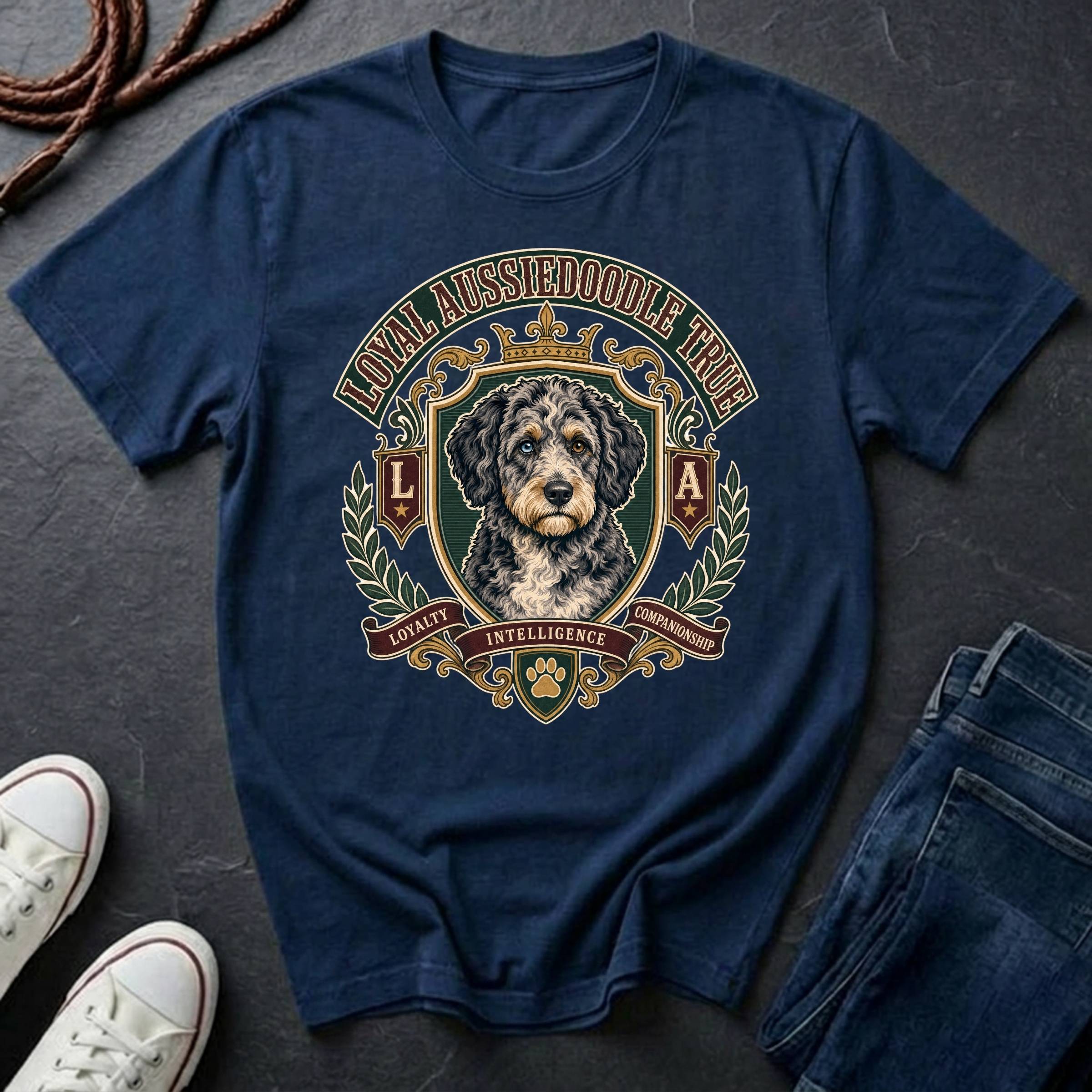  Sheepadoodle Heritage Badge t-shirt design featuring a vintage crest portrait of a shaggy black-and-white Sheepadoodle on a Comfort Colors tee