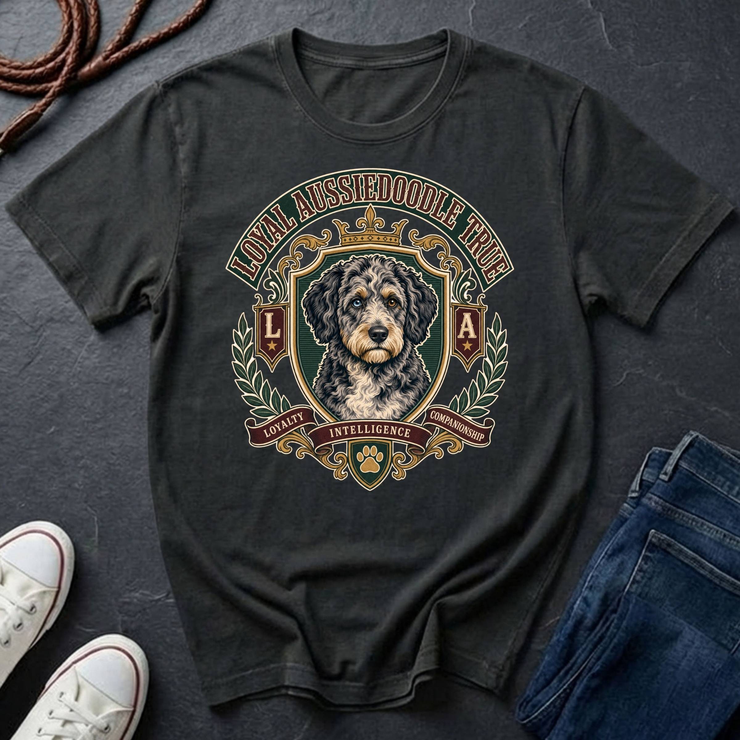  Sheepadoodle Heritage Badge t-shirt design featuring a vintage crest portrait of a shaggy black-and-white Sheepadoodle on a Comfort Colors tee