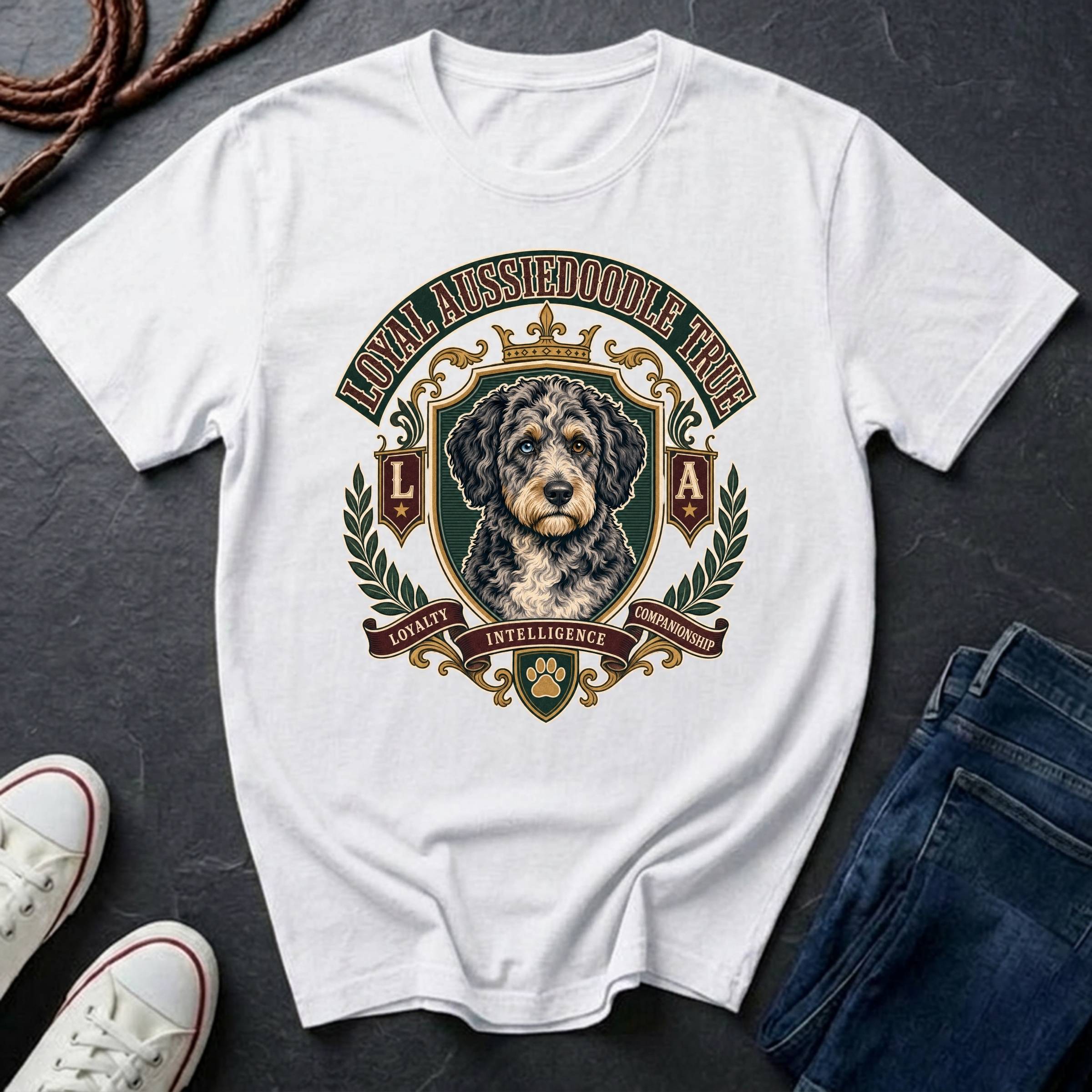  Sheepadoodle Heritage Badge t-shirt design featuring a vintage crest portrait of a shaggy black-and-white Sheepadoodle on a Comfort Colors tee