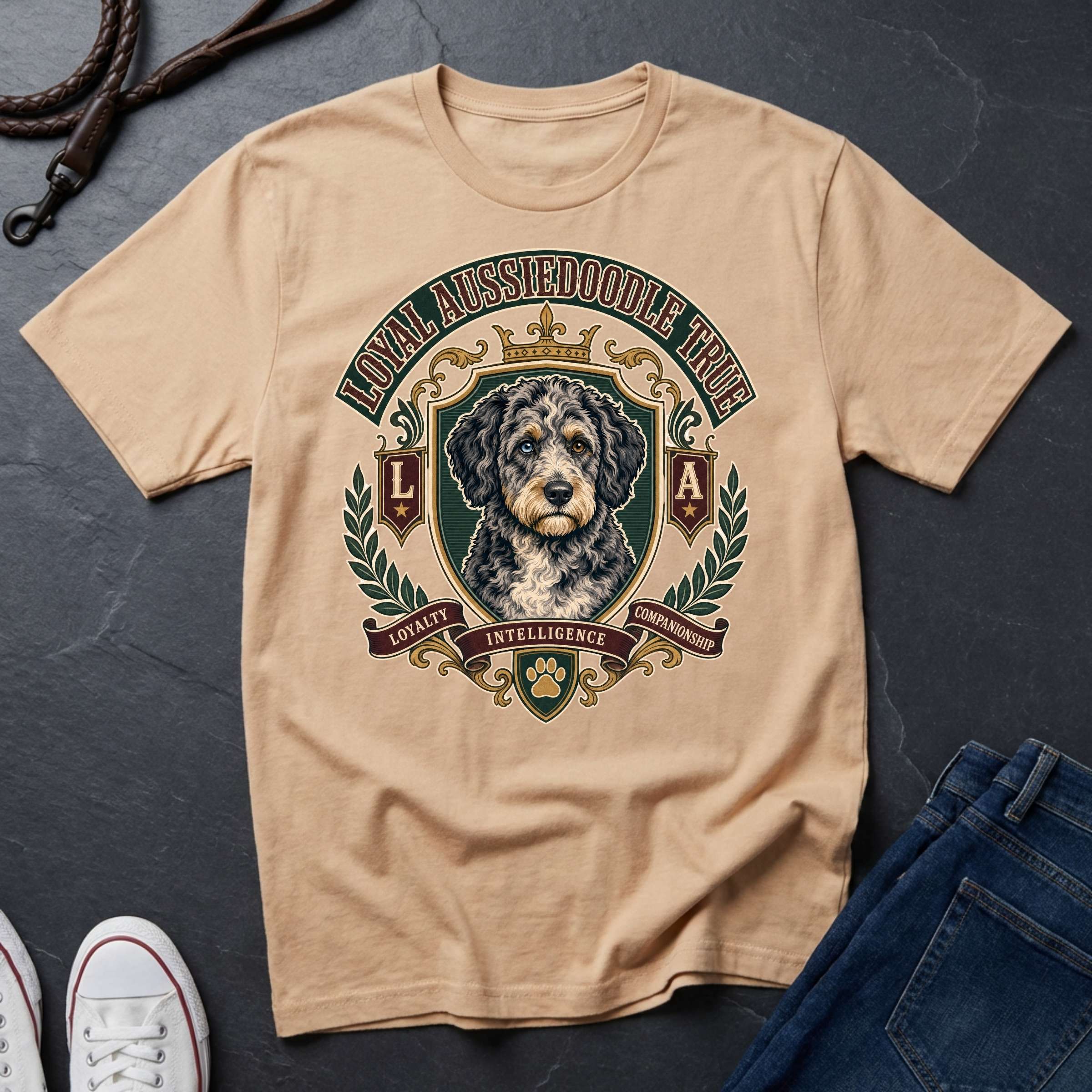  Sheepadoodle Heritage Badge t-shirt design featuring a vintage crest portrait of a shaggy black-and-white Sheepadoodle on a Comfort Colors tee