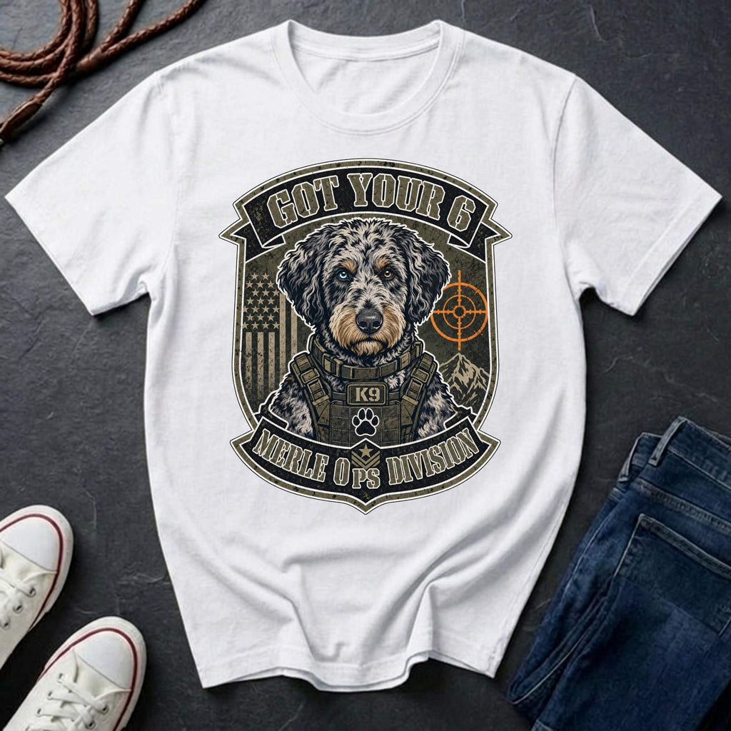Aussiedoodle "Got Your 6" t-shirt design featuring a tactical distressed badge portrait of an Aussiedoodle on a Comfort Colors tee