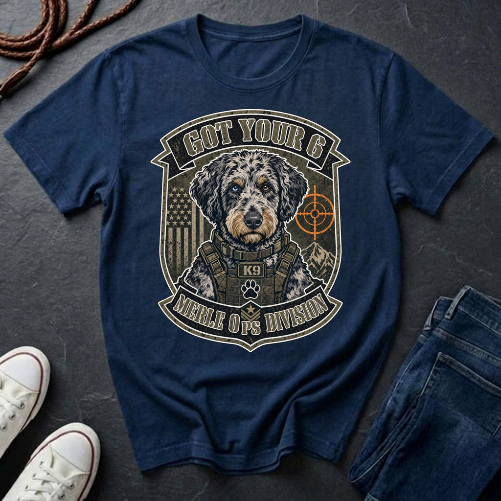 Aussiedoodle "Got Your 6" t-shirt design featuring a tactical distressed badge portrait of an Aussiedoodle on a Comfort Colors tee
